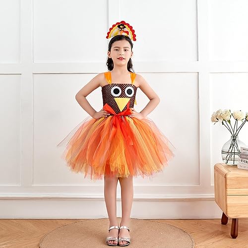 Miniatura 4 de TRURENDI Disfraz de Acción de Gracias para niña, vestido de pavo sin mangas con lazo y diadema, juego de disfraces de pavo de Acción