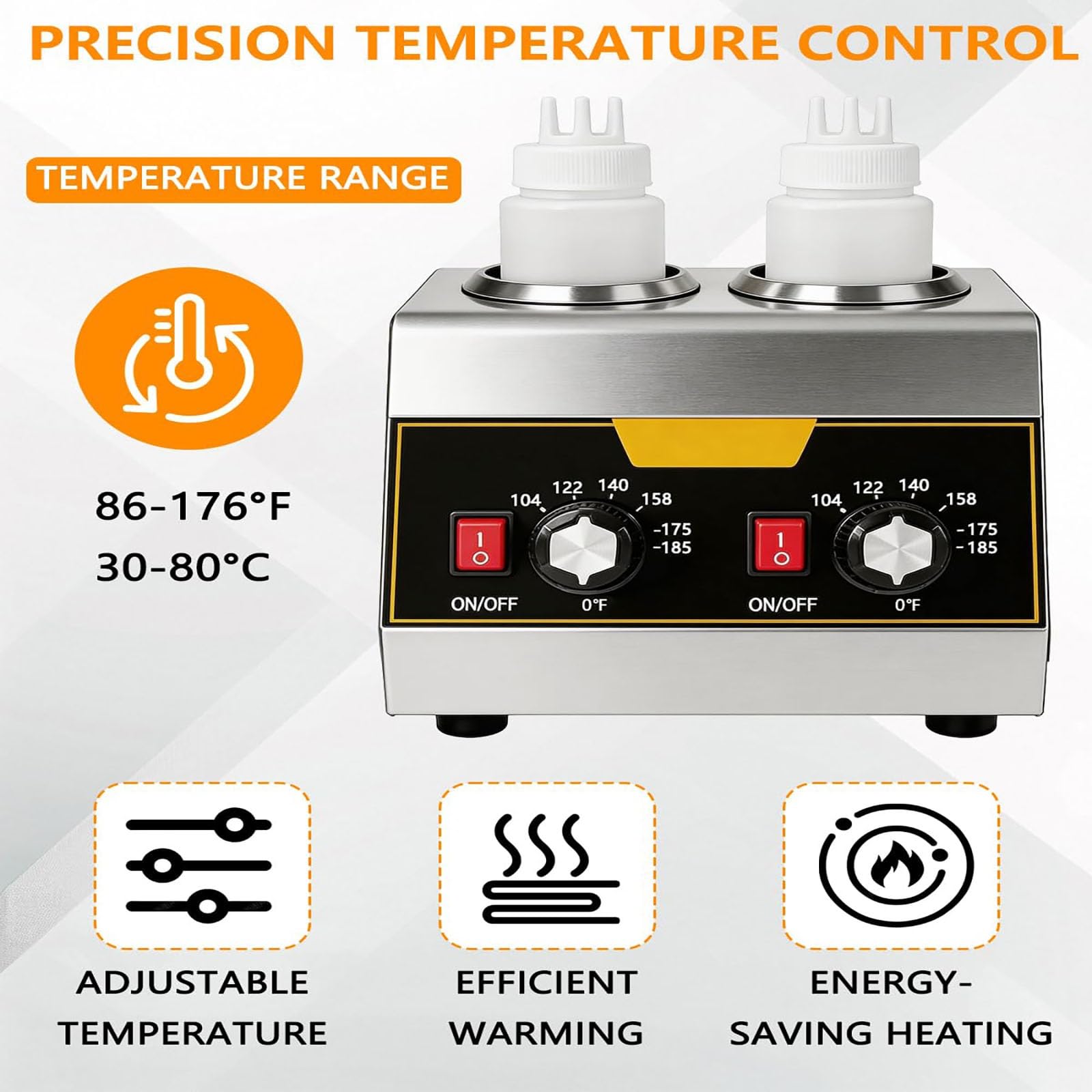 Dispensador De Salsas De Acero Inoxidable De Doble Botella, Calentador Eléctrico De Jarabes De 320 W con Recipientes De 650 Ml, Termostato Ajustable (86-185 °F) para Queso para Nachos