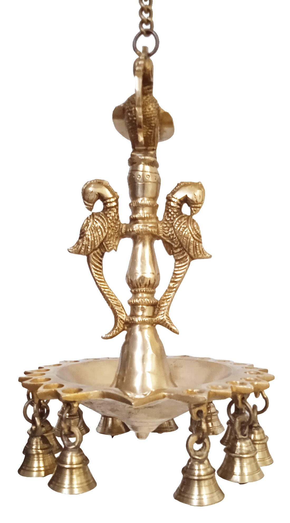 Purpledip Brass 21 Hanging Diyas-Bells In Twin Peacock Design: Solid Brass Metal Heavy Lamp (10720), Gold, Standard