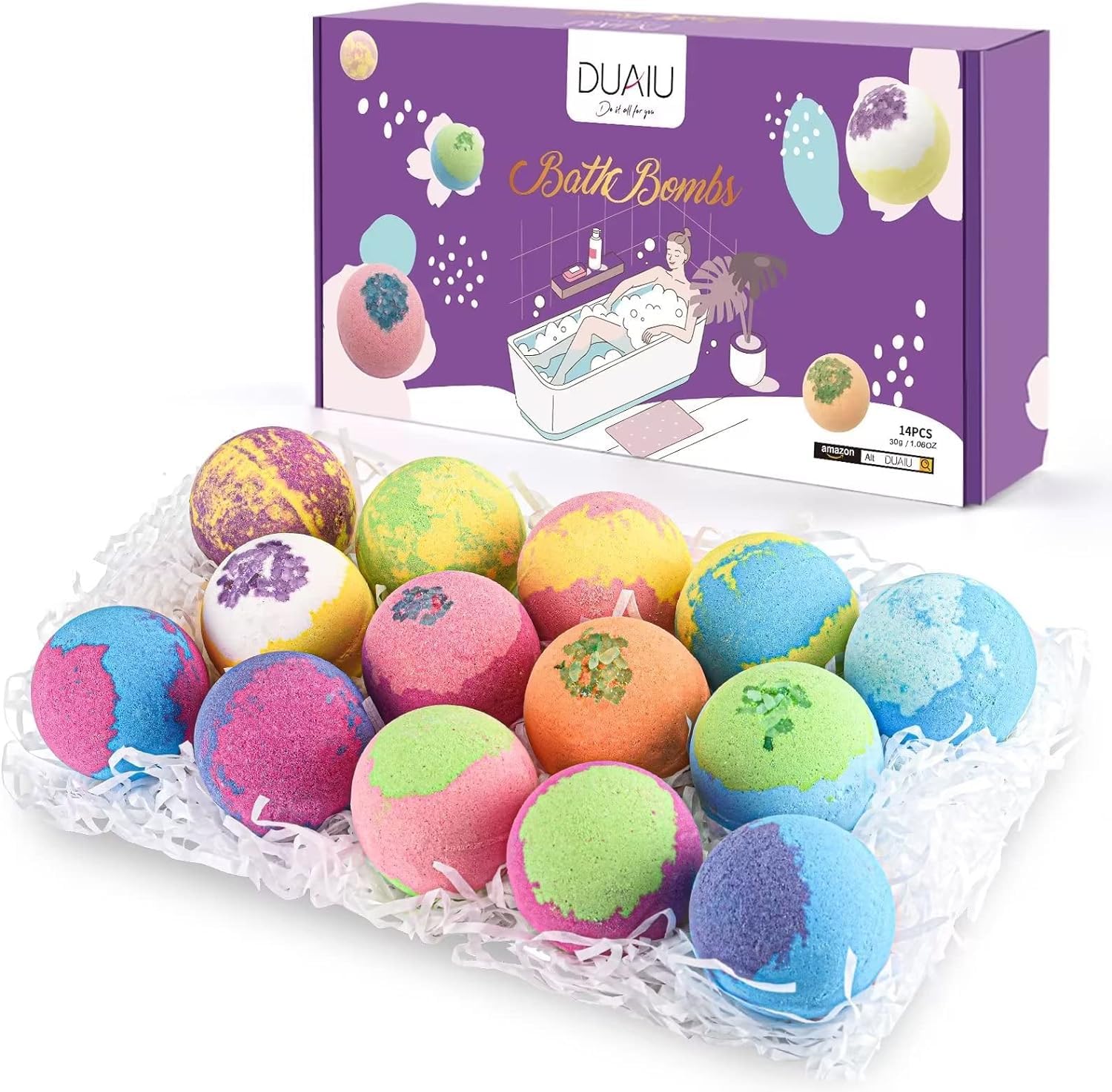 DUAIU 14pcs Natural Bath Bomb Set - Organic Bubble Bath Bombs with Essential Oils for Her Birthday, Anniversary, Valentine's, Mother's Day Gifts for Women, Mom, Girls