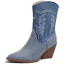 Fashion Rhinestone Women Denim Ankle Bootie Pointy Toe Mid Calf Chunky Heel Ankle Cowboy Boots For Party Dress Shoes Color Blue, Size 41