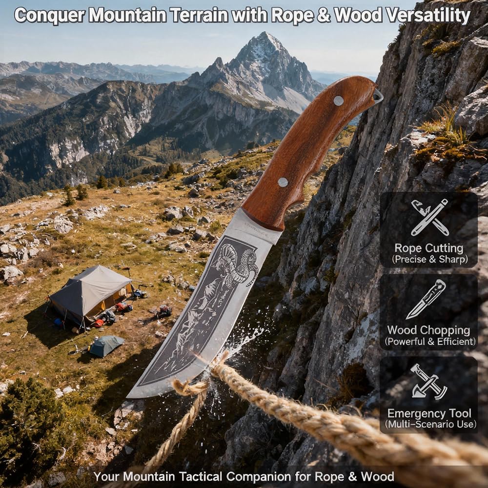 Coltello Outdoor 27cm – Lama Dritta Larga con Incisione Nera Cobra Montagna, Guardia Integrata, Impugnatura Ergonomica Legno di Hêtre Caldo con Fingerkerbe, Compagno Robusto per Attività Outdoor