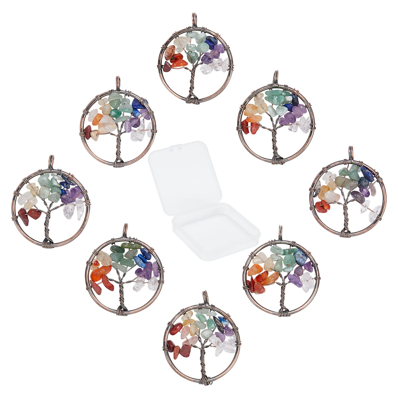 SUNNYCLUE 8Pcs Tree Life Pendant Quartz Crystal Gemstone Pendant Flat Round with Tree of Life Charm Pendants Findings Hole for Jewelry Bracelet Chakra Necklace Making Red Copper