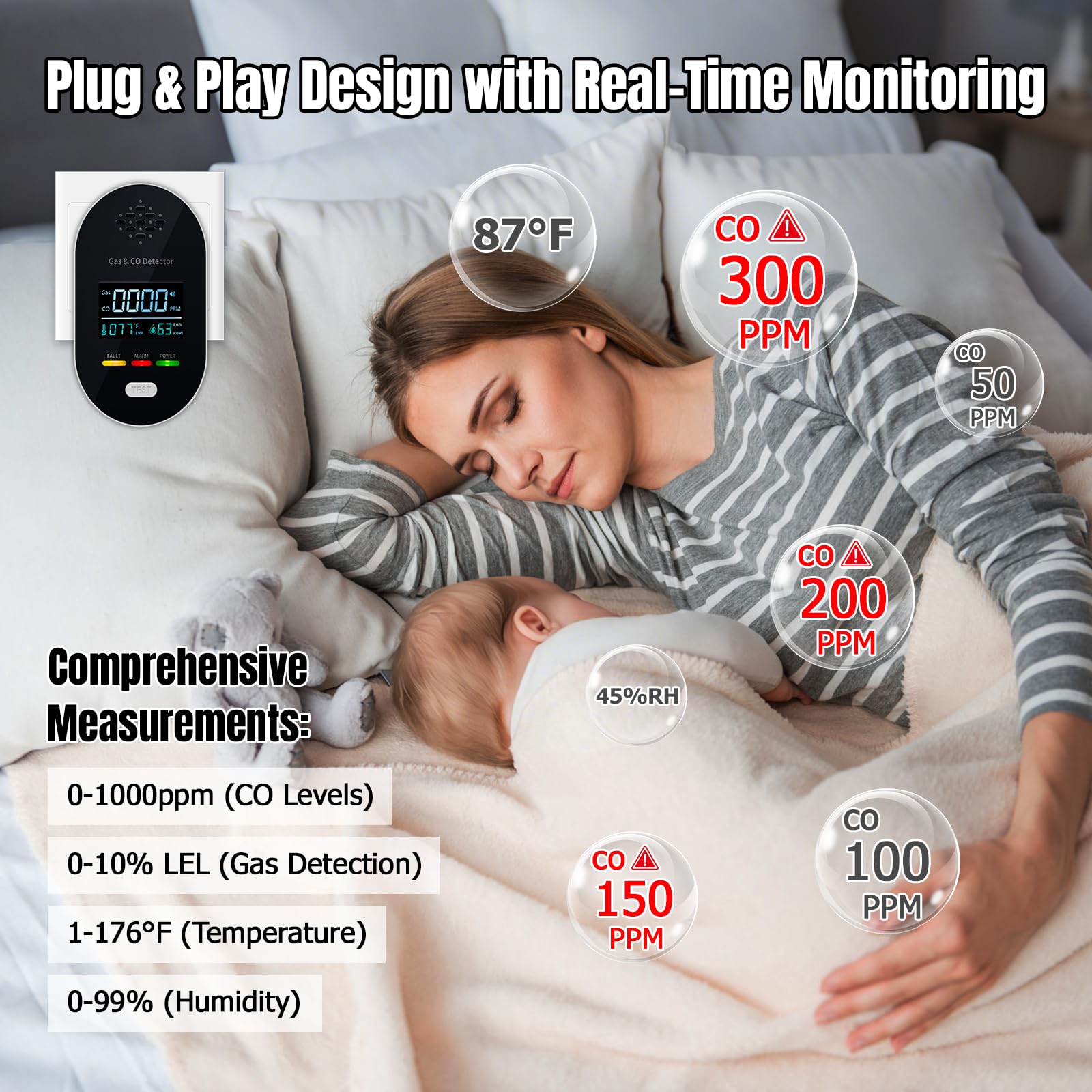 4 in 1 sensore di temperatura e umidità, termometro d'atmosfera con allarme acustico, LCD digitale igrometro Digitale per Interni, termometro igrometro per interni con schermo HD e display - Nero