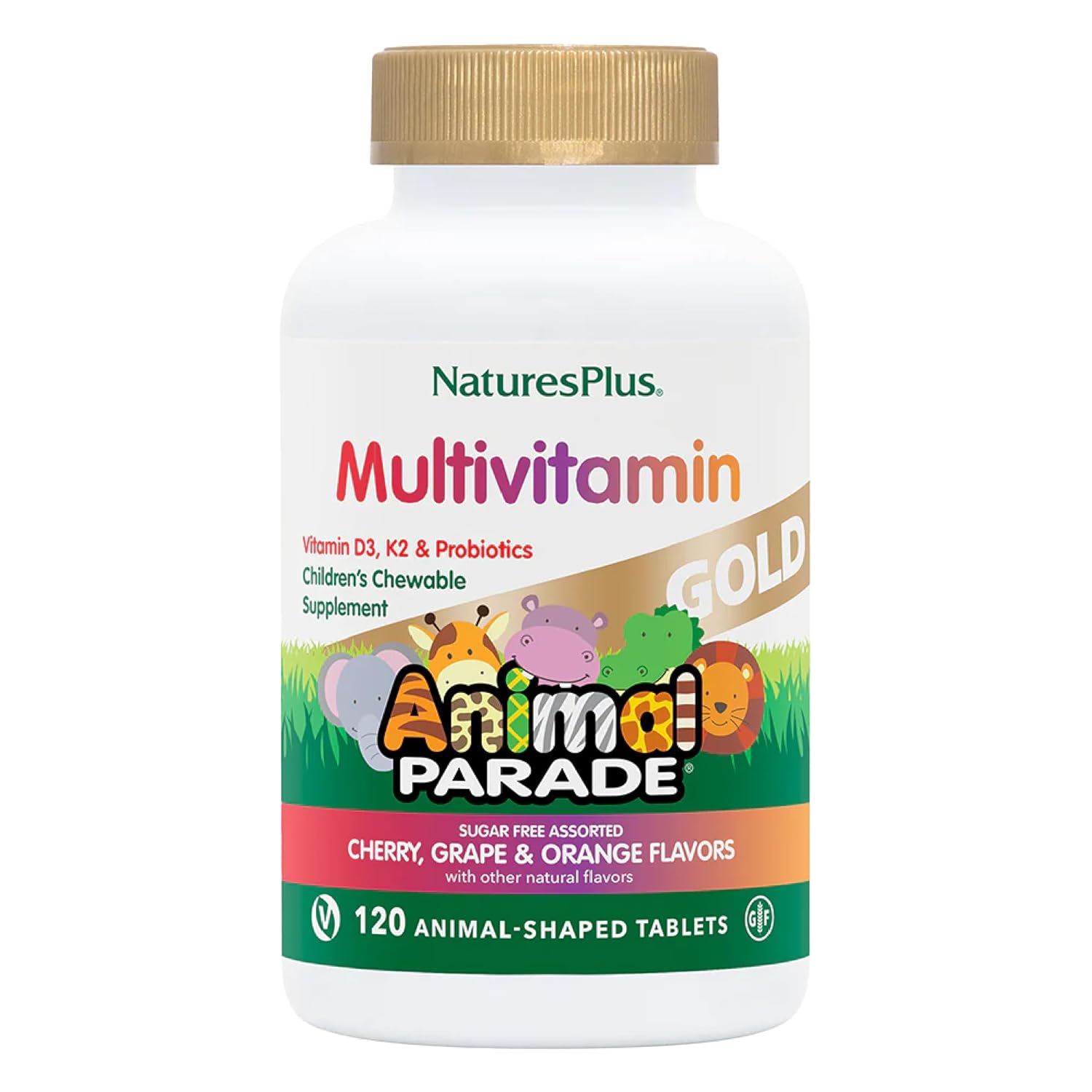 Multivitamínico Infantil Natures Plus Animal Parade Gold - 120 Comprimidos Mastigáveis em Formato de Animais - Sabores sortidos de Cereja, Laranja e Uva - Vegano, Sem Glúten - 60 Porções Totais