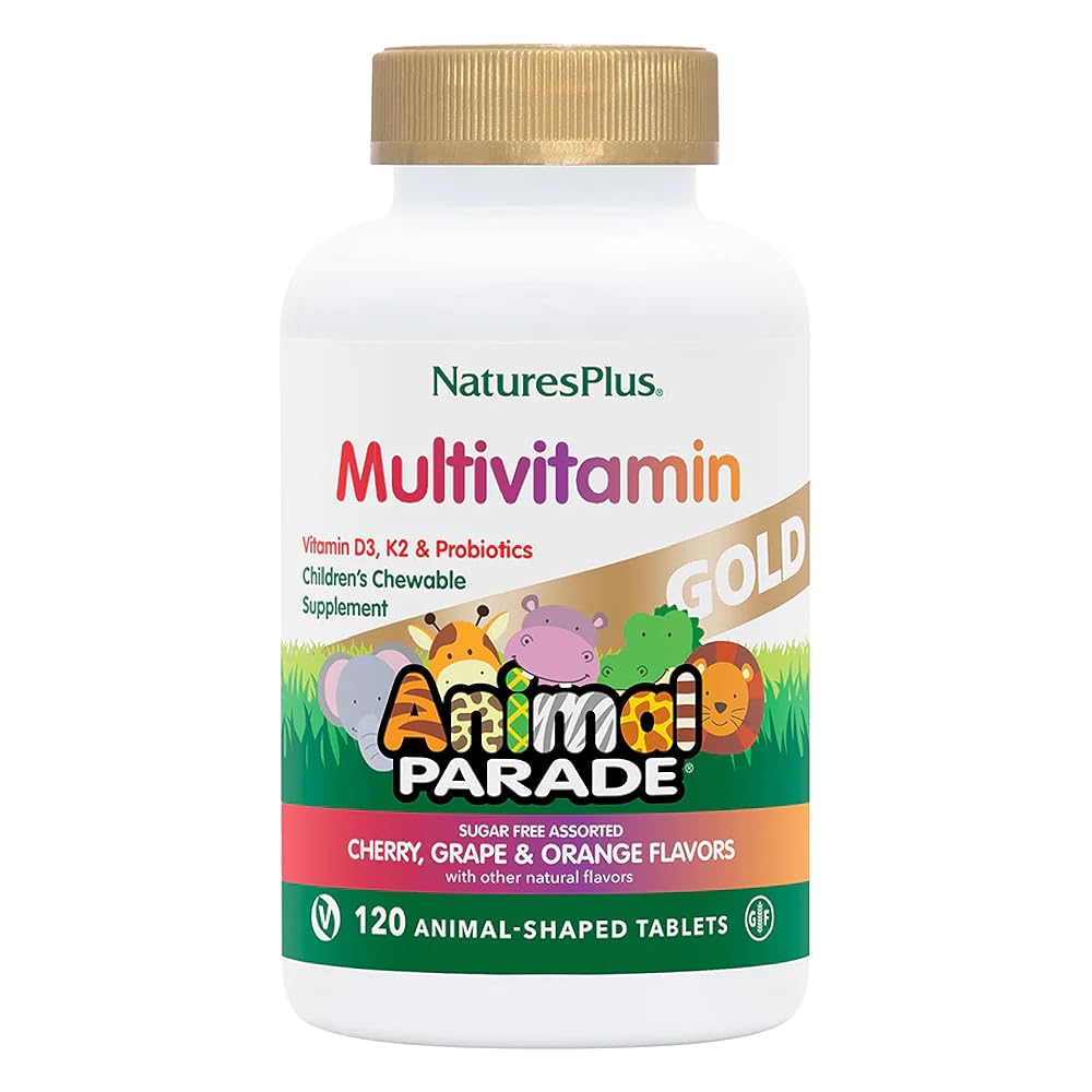 NaturesPlus Animal Parade Gold Children\'s Multivitamin - Assorted Cherry, Orange & Grape Flavors - 120 Animal-Shaped Chewable Tablets, Pack of 3 - Vegan, Gluten Free - 180 Total Servings