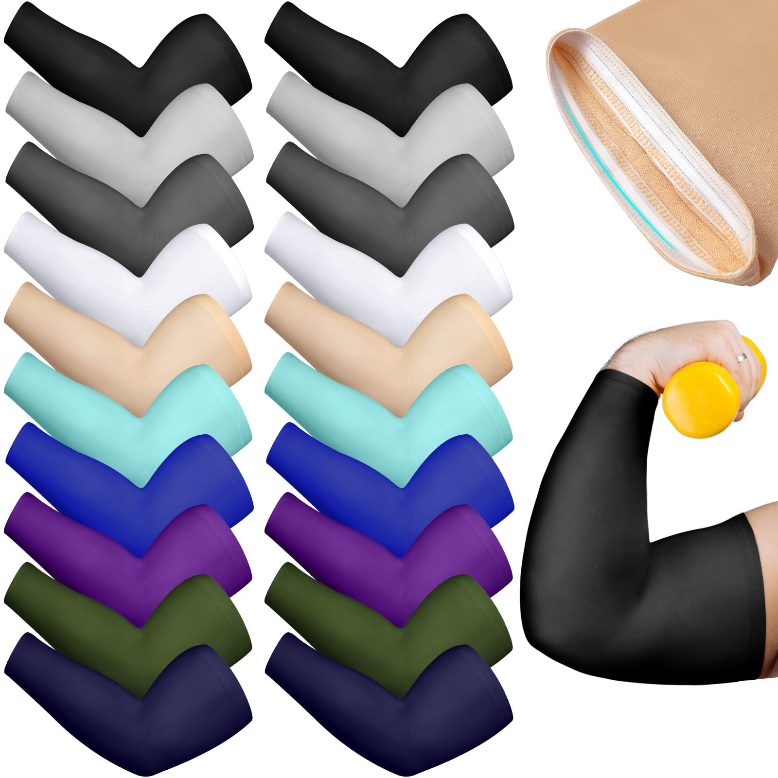 Chuarry 10 Paar mehrfarbige Übergrößen-Armstulpen, kühlend, UV-Sonnenschutz, Eisseide, rutschfest, Übergröße, Tattoo-Abdeckungen für Damen und Herren, große Arme, Outdoor-Sport, Laufen, Fußball, Golf