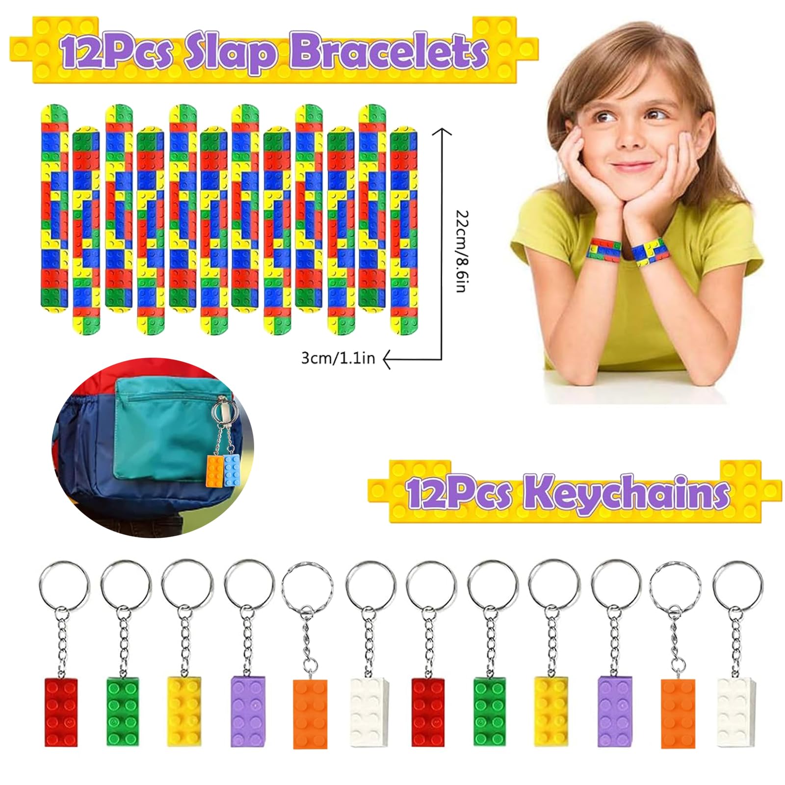 Kit Festa Mattoncini Da Costruzione 86 Pezzi Per Bambini | 12 Braccialetti Slap, 12 Portachiavi, 12 Sacchetti Regalo E 50 Adesivi, Per Compleanni E Attività Creative