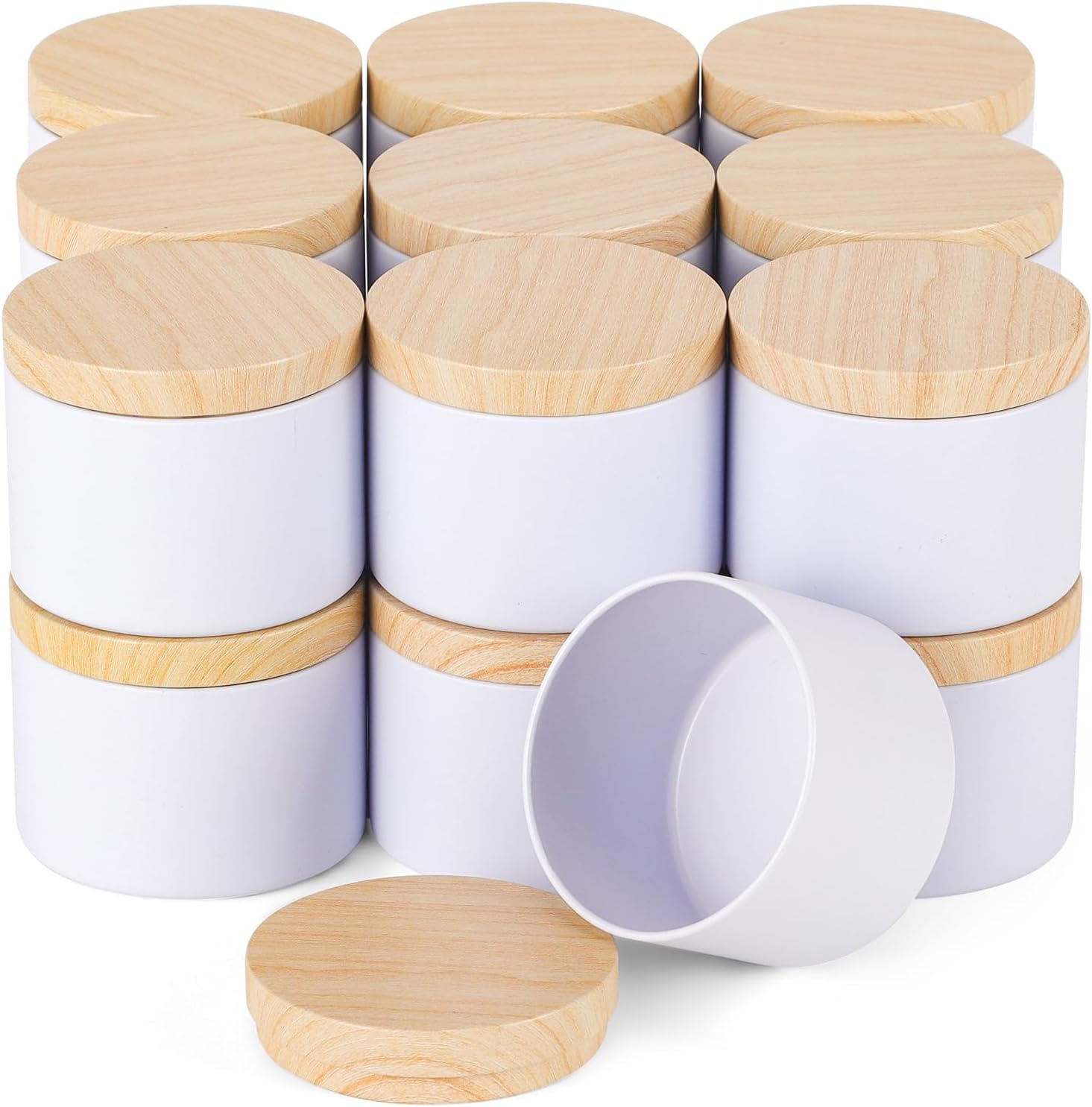 BOTINXIS 48 Pcs 4oz Matte White Candle Tins - Bulk Empty Candle Jars with Wood Grain Lids, Candle Making Kit for Adults