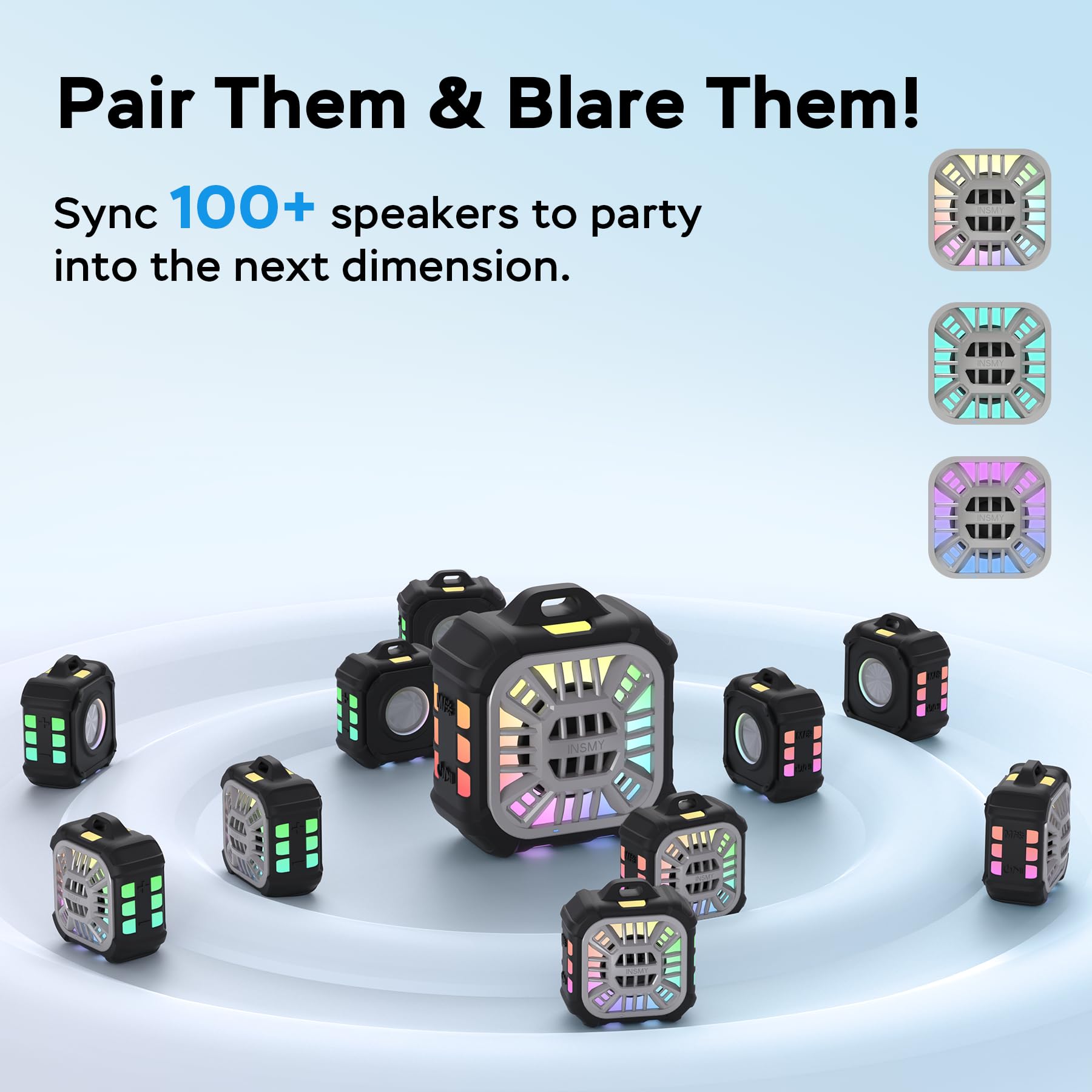 INSMY Altoparlante Bluetooth, impermeabile IPX7, portatile, altoparlante per doccia, sincronizzazione wireless 100+ altoparlanti, bassi potenti volumi, 24 ore di riproduzione/galleggiante/luci RGB
