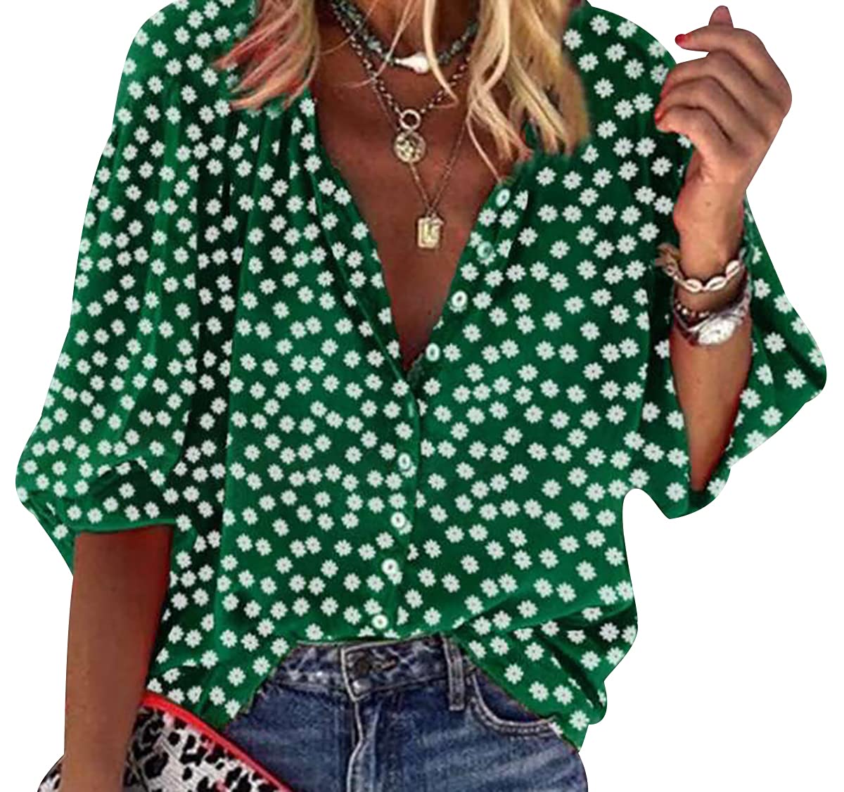 Peuignao Blusas Mujer Verano Blusa Manga Larga Escote V Mujer Camisas Camisa Estampada Botones Mujer Tallas Grandes Blusa Flores Señora Larga Talla Grande Blusas de Mujer Elegantes Casual Anchas Modernas