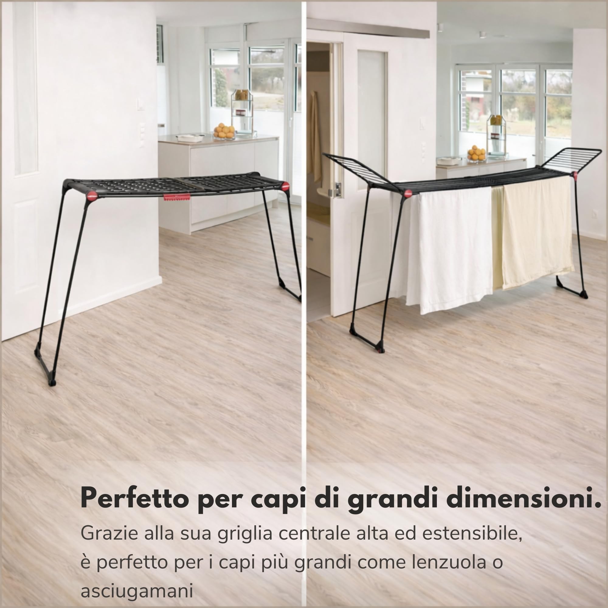 Stendino Pieghevole Infinity Flex Ultimate BLACK - Estensibile 2 metri con Ruote - 30 METRI di STENDITURA - Ali Alte per Lenzuola e Pantaloni - Stendibiancheria con Struttura in Acciaio e Alluminio