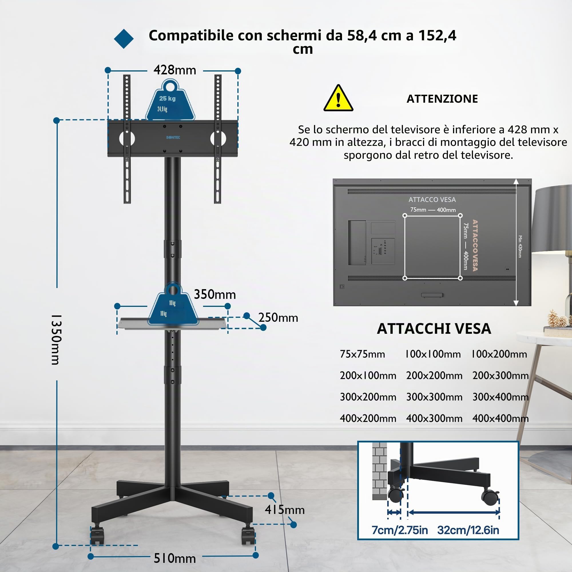 BONTEC Supporto TV da Pavimento 23-60 Pollici con Ruote, Carrello Staffa Porta Mobile fino a 25 kg, VESA 400x400 mm