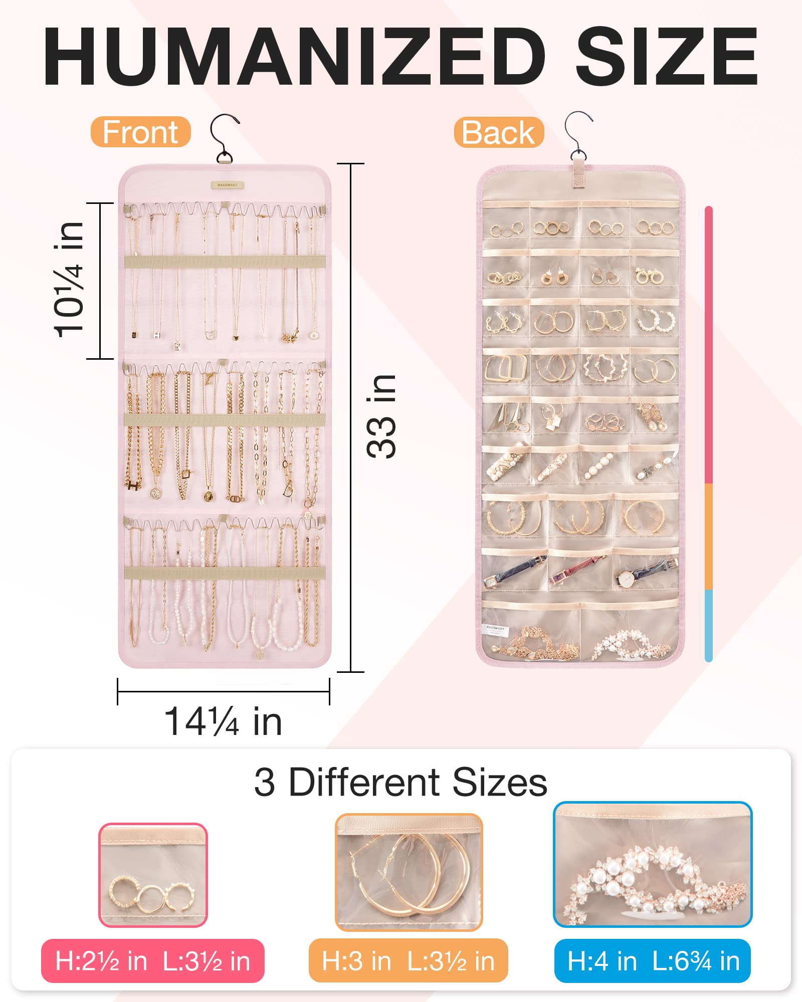 Bagsmart Organisateur de bijoux à suspendre - Rouleau de rangement double face avec crochet en métal - Grand format