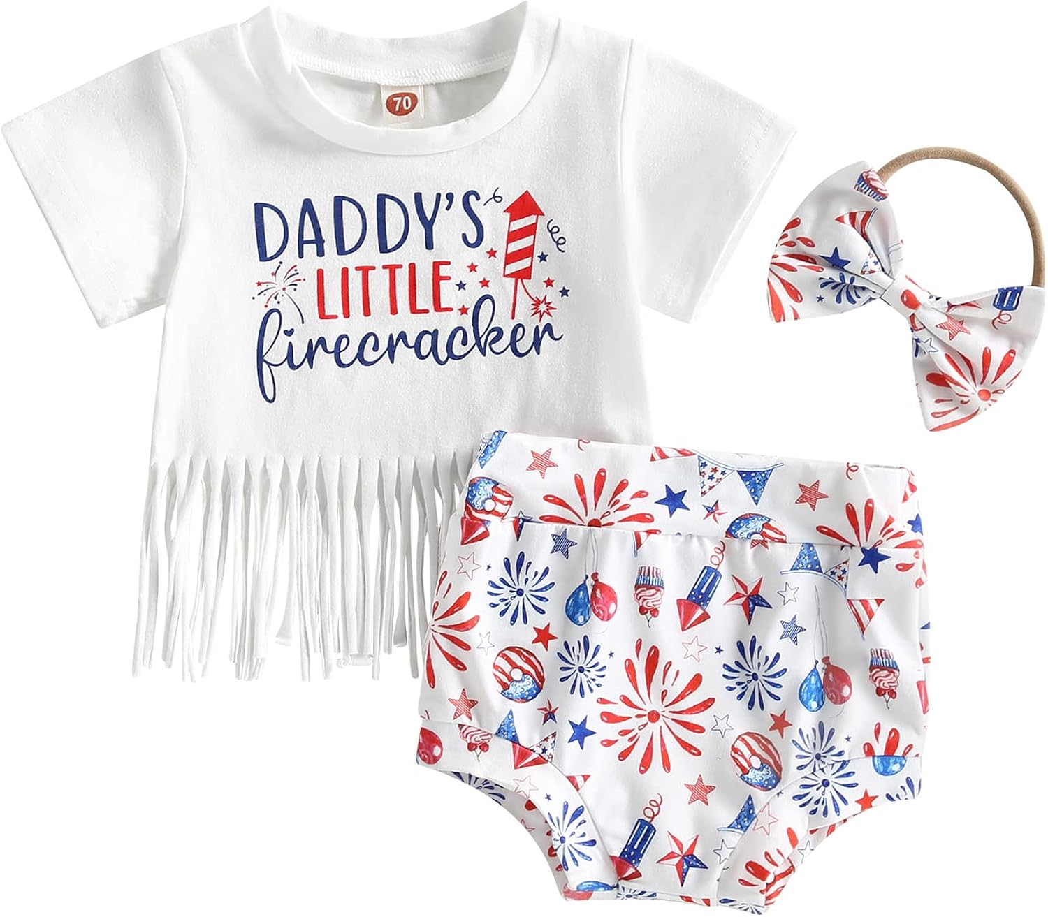 Conjunto de ropa para bebÃ© niÃ±a del 4 de julio, camisa con flecos, blusa con borlas y diadema corta