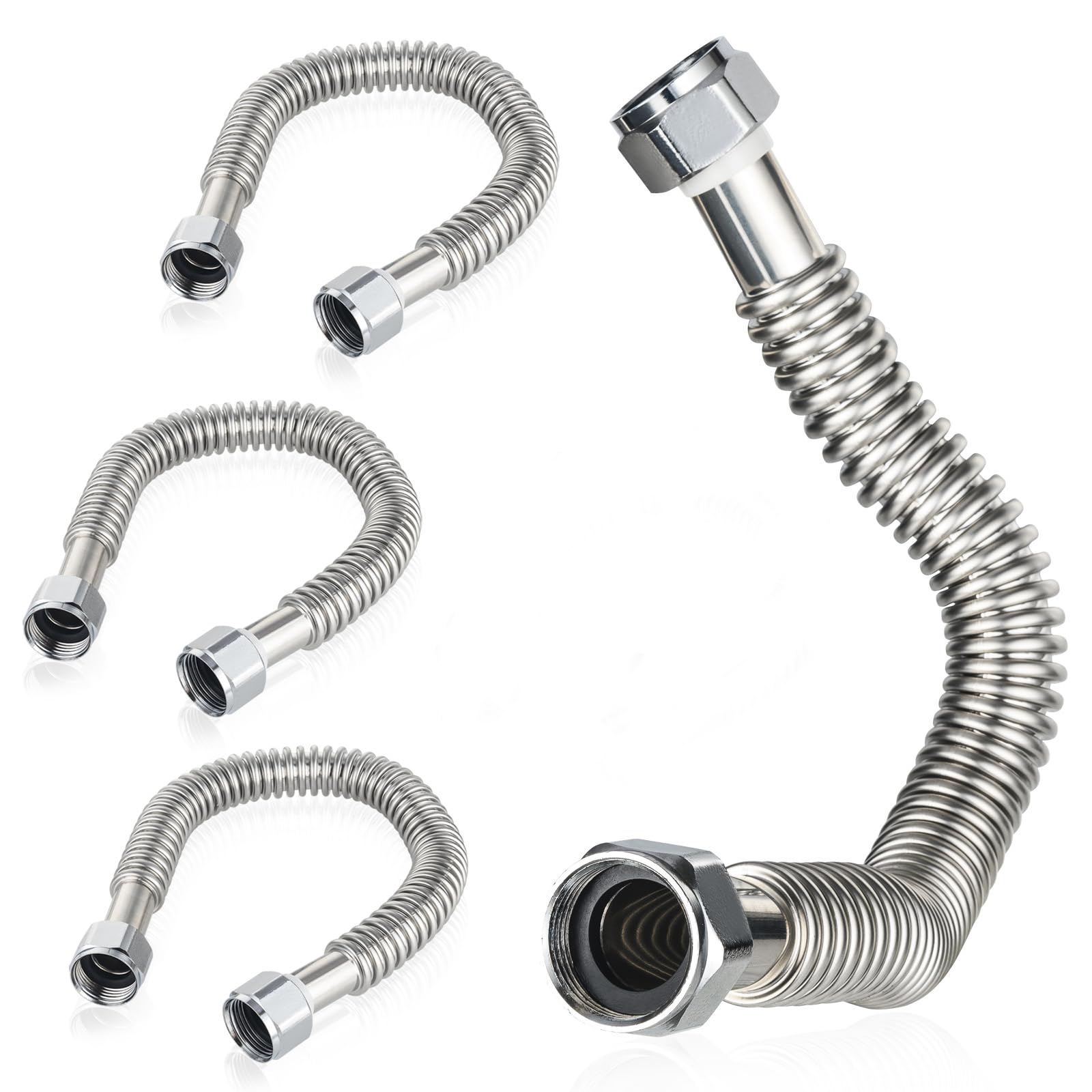 Paquete de 4 conectores flexibles de acero inoxidable corrugado para calentador de agua, manguera FIP de 3/4 pulgadas x 3/4 pulgadas FIP para calentador de agua/ablandador de agua (12