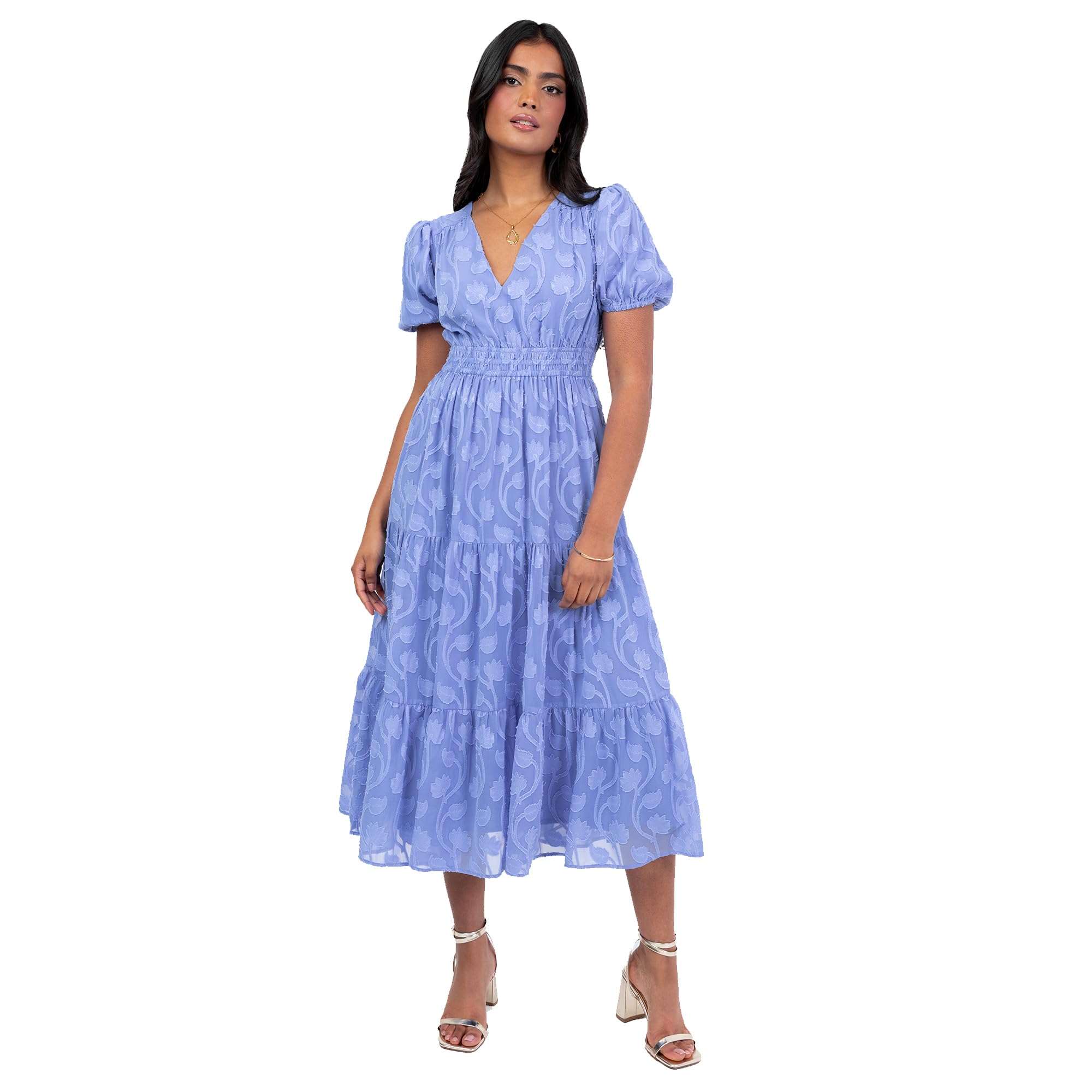 Lovedrobe Women's Midi Dress Ladies V-Neck Short Puffed Sleeves Floral Burnout A-line Tiered Skirt Elasticated Waist, Blue 16