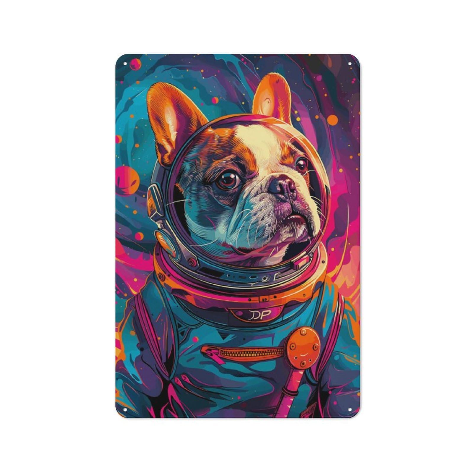 Junmoney French Bulldog Astronaut Retro Metal Wall Decor 30X20cm, Metal Wall Art Sign For Living Room, Hallway, Kitchen Or Cafe