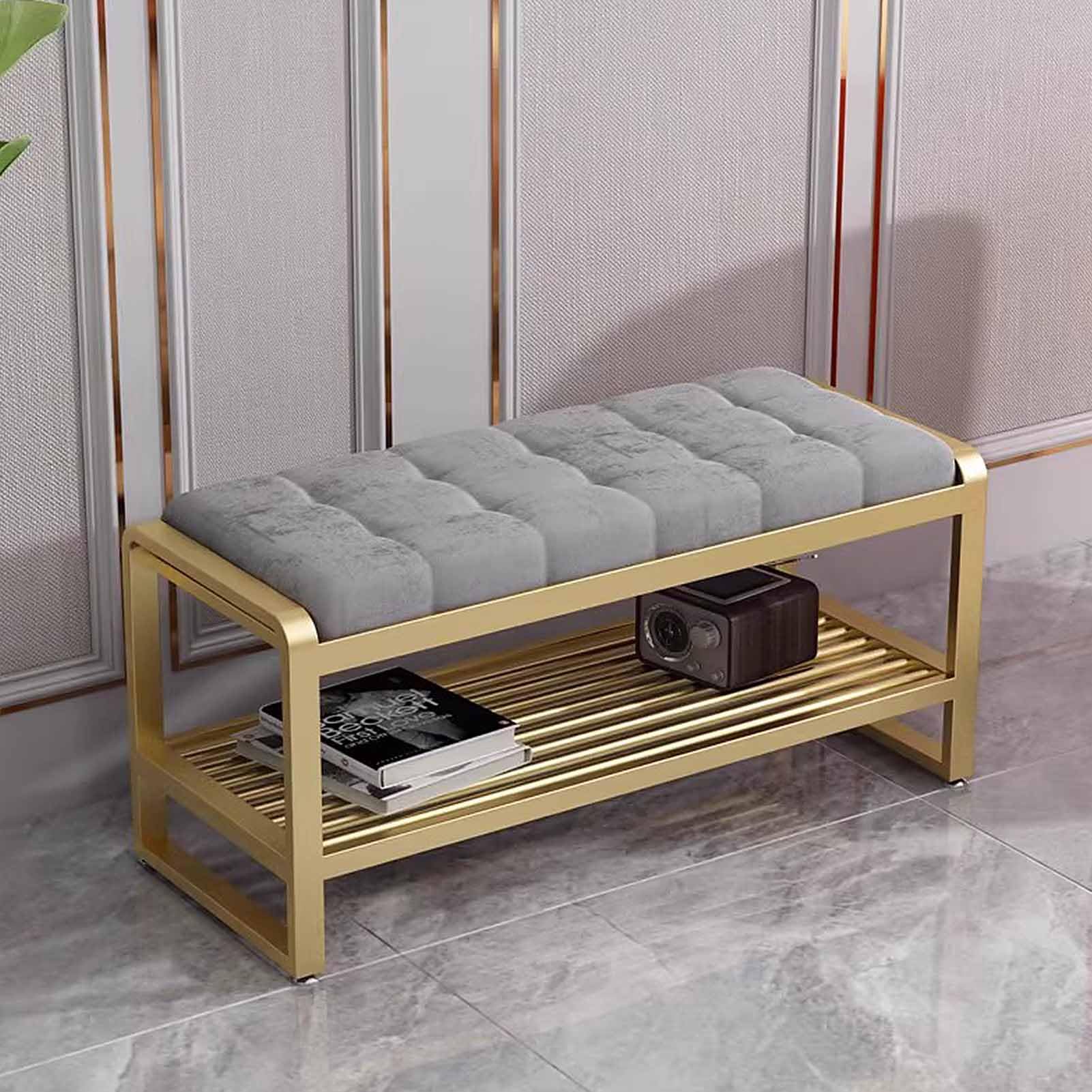 WJFTODAY Elegant 2 Tier Shoe Rack & Bench Gold Metal Frame with Plush Velvet Seat Ideal for Entryway Living Room & Space Saving Shoe nization