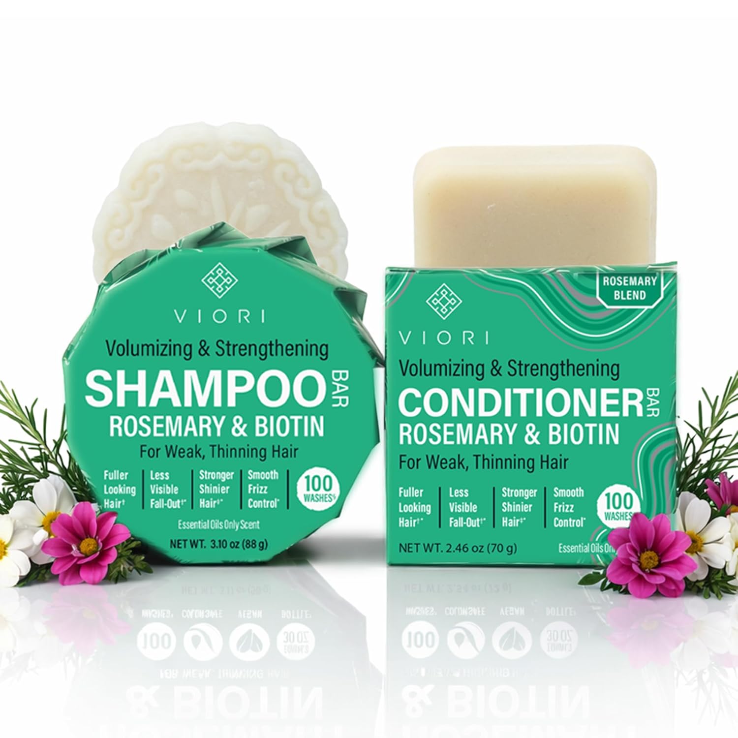 Viori Rosemary & Biotin Shampoo & Conditioner Bar Set – Strengthening, Thickening & Volumizing Solid Conditioner – For Weak & Thinning Hair – Paraben, Sulfate & Silicone Free