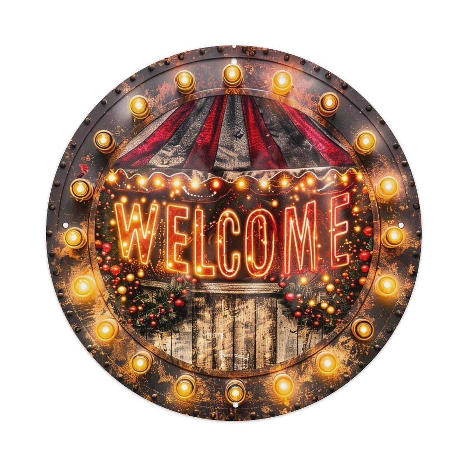 Circus Tent Lights Welcome Sign Vintage Round Tin Sign Retro Metal Wall Decor Metal Poster, Home Bar Garage Cafe Wall Art Decoration 8x8Inches