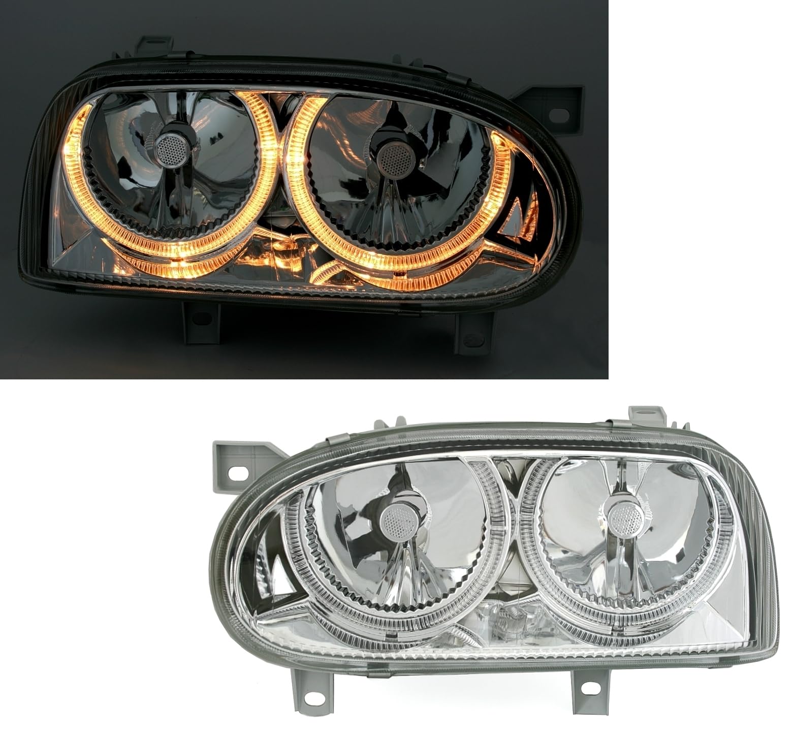 Set di fari Angel Eyes, vetro trasparente cromato, con anelli per luci di posizione.