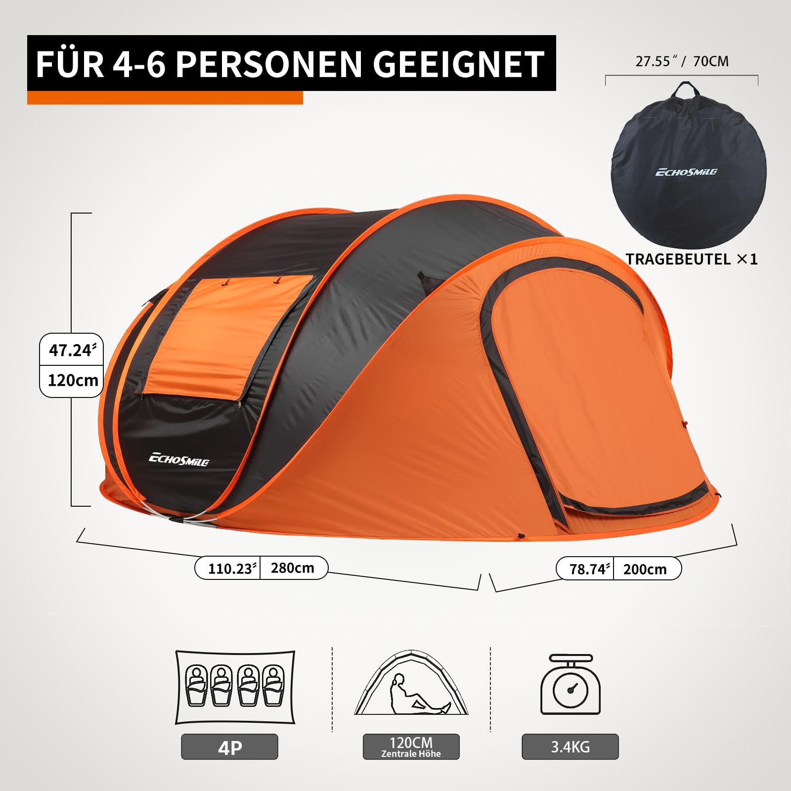 EchoSmile Pop-up tent voor 4-8 personen, werptent waterdicht met 2