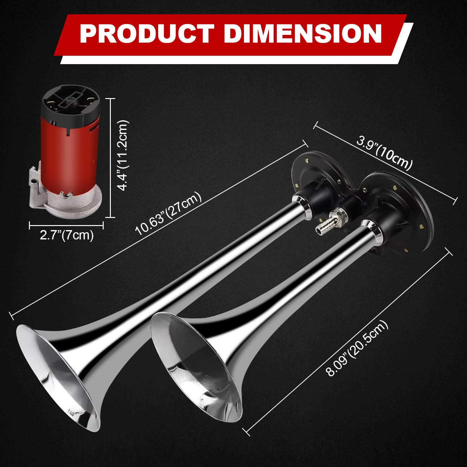 FreeTec Lufthorn klakson pneumatyczny z kompresorem, 150 db, 12 V, do wszystkich pojazdów, ciężarówek, pociągów, łodzi, samochodów SUV-ów (Dual Trumpet)