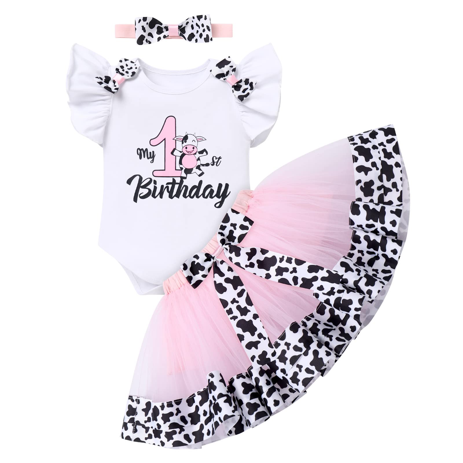 Bebé Niña Conjunto Cumpleaños 1 Año/2 Año/3 Año Disfraces de Animales de Granja Vestido Estampado de Bebé Niña + Tul Tutu Falda + Diadema con Pajarita Princesa Partido Vestido