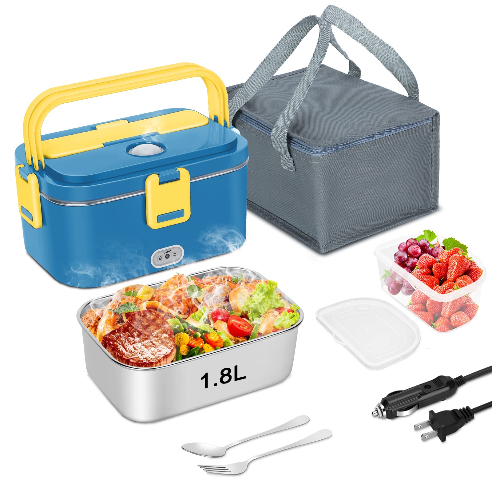 Amazon.com: COZYEXPERT 80W Electric Lunch Box Food Heated 3 In 1 Faster  Food Warmer Heater for Car/Truck/Home Portable Food Heating Boxes with 1.8L  304 SS Container Fork u0026 Spoon(Blue+Yellow): Home u0026 Kitchen