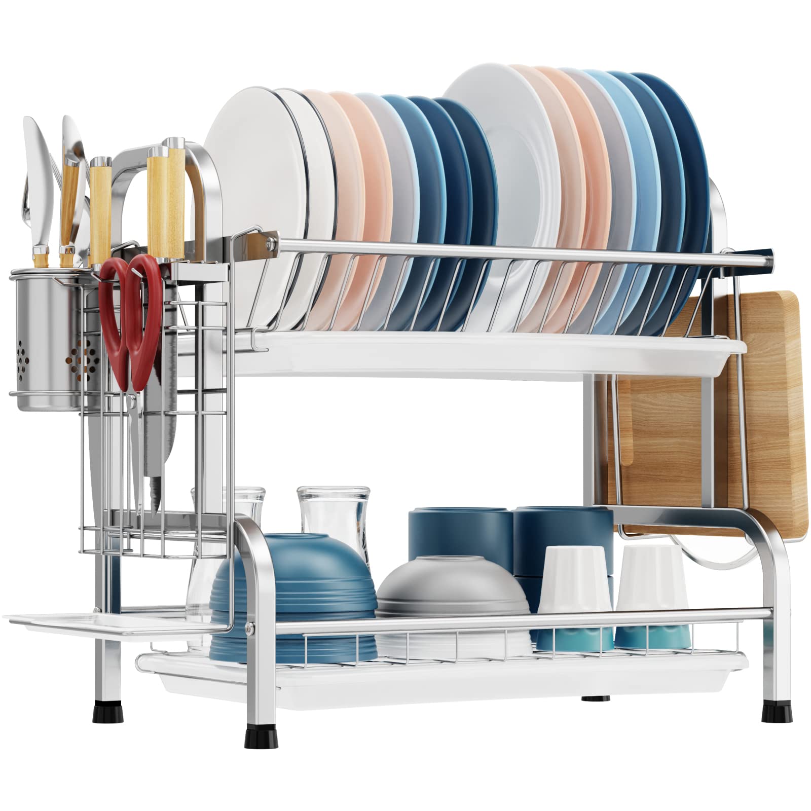 GSlife Dish Drying Rack, Rustproof Tier Dish Rack with Drainboard  Stainless Steel Utensil Holder Dish Drainer for Kitchen Counter, Silver