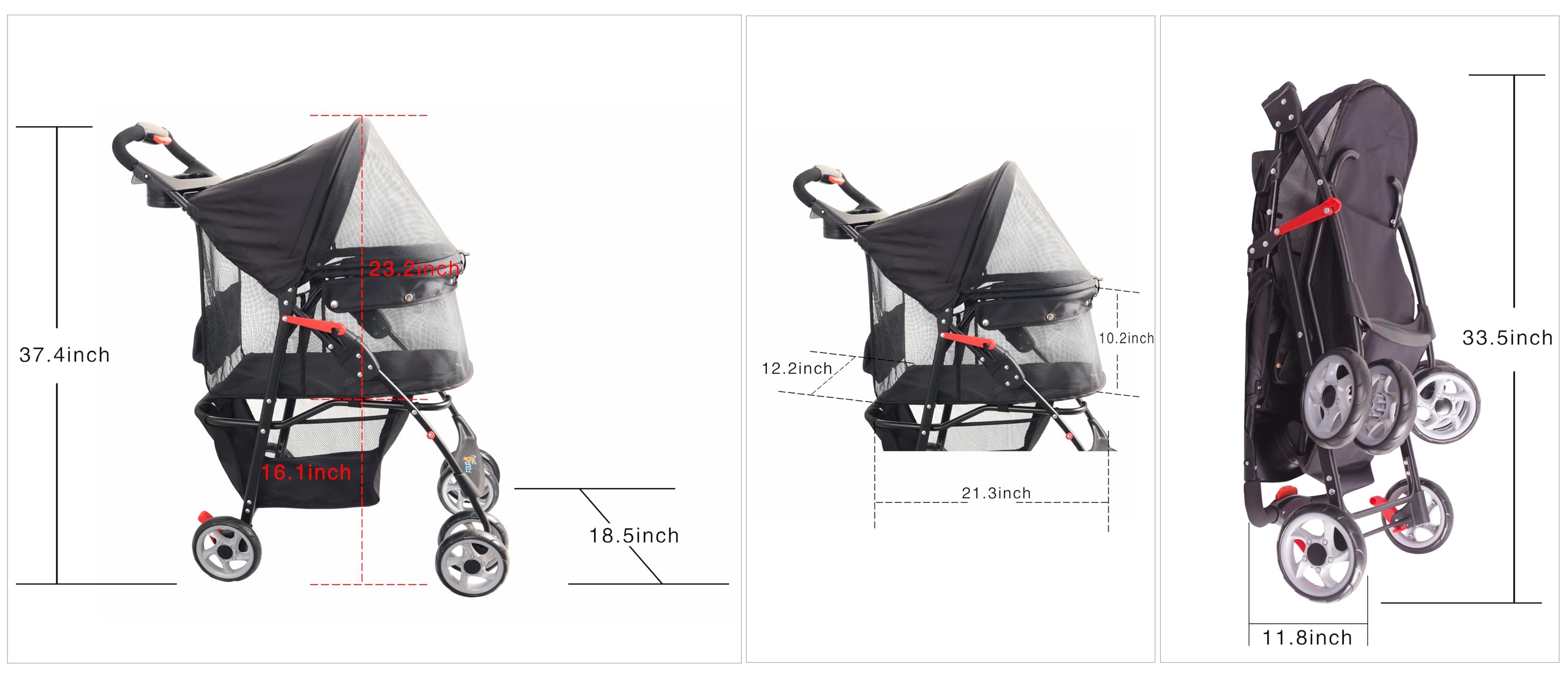 FOURPAW Passeggino per animali domestici con finestra completa con fibbia, 4 ruote per cani e gatti, con cestino portaoggetti, portabicchieri, passeggino da viaggio per cuccioli/gatti.