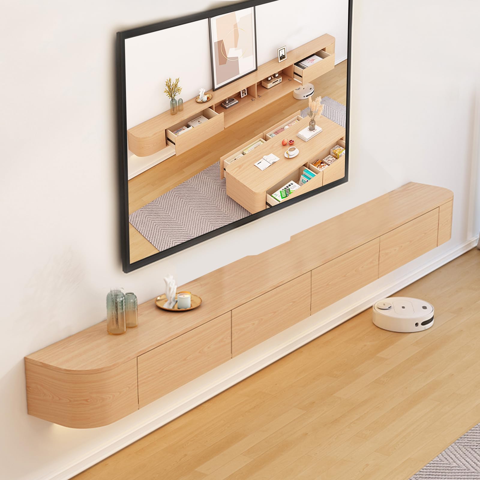 HYANXUE Floating TV Unit with Flip-Down Doors & Drawers 220cm Wall Mounted TV Stand, Storage TV Bench Under TV for Bedroom Livingroom (Wood2)