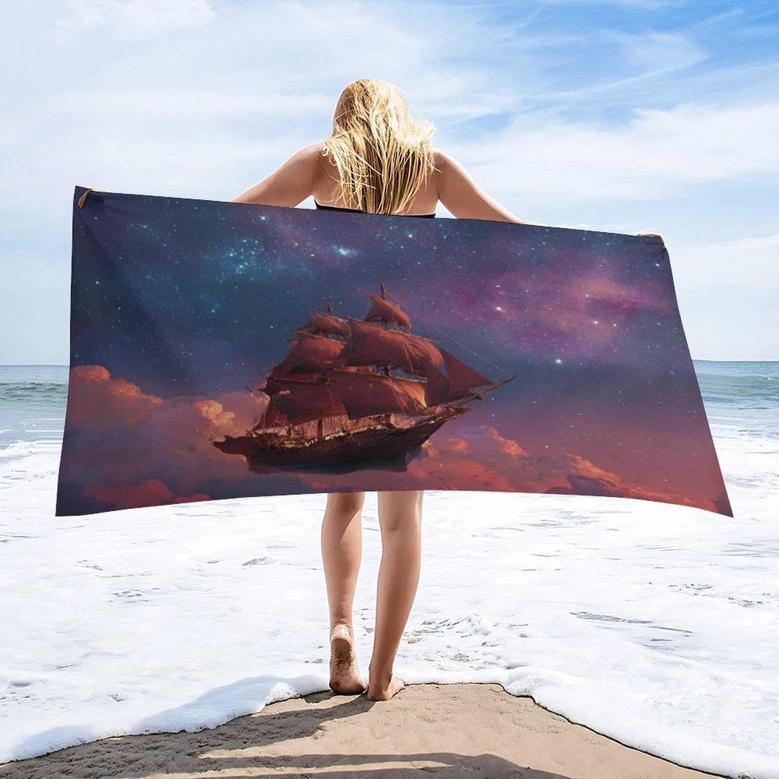 Luyysky Fantasy Colorful Pirate Ship Quick-Drying Beach Towel, Cool Watercolor Starry Sky Galaxy Cloud Pattern Travel Vacation Single Sided Pile Bathroom Towels-80 W Cm X 160" L Cm