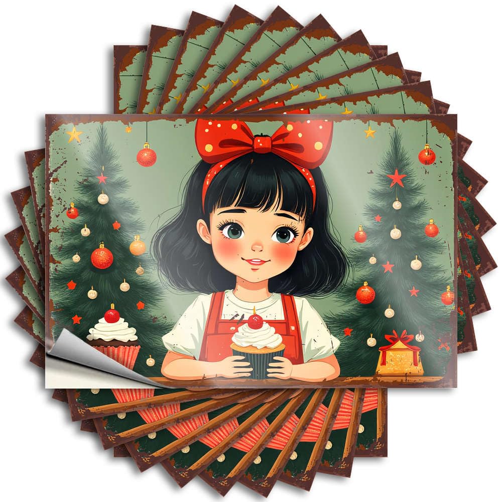 Tattoo Cute | Encouraging Case A Girl with A Red Bow Holds A Cupcake in Front of Christmas Trees for Best(8X12CM)