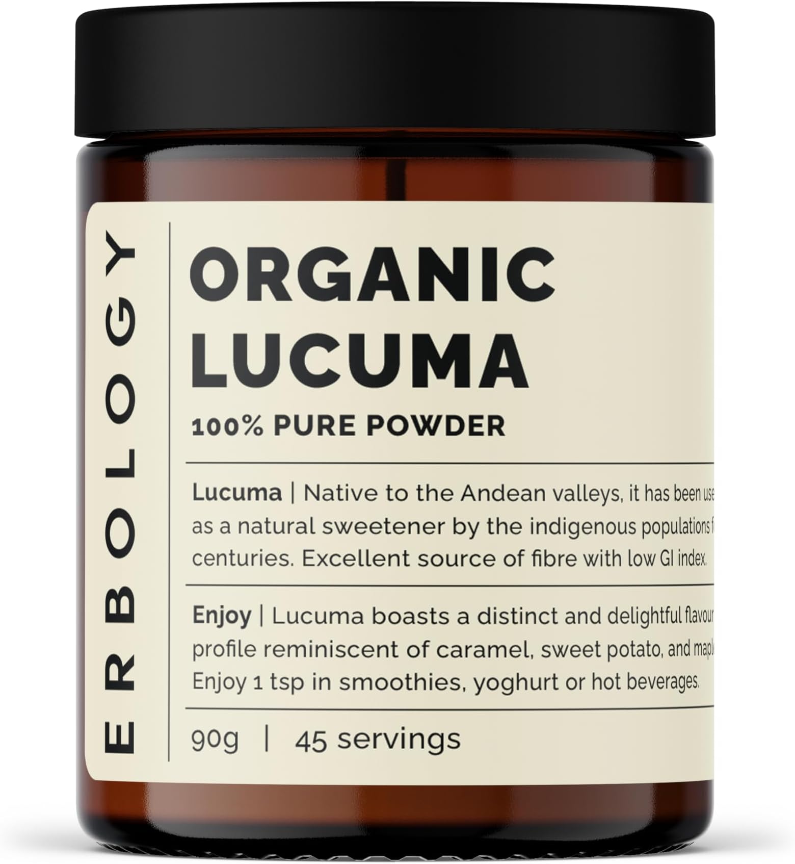 Erbology Organic Lucuma Powder 90g - 45 Servings - Gut Health Support - Low Glycemic Index - Sustainably Sourced Straight from Farm in Peru - Small Batch - Vegan - GMO-Free
