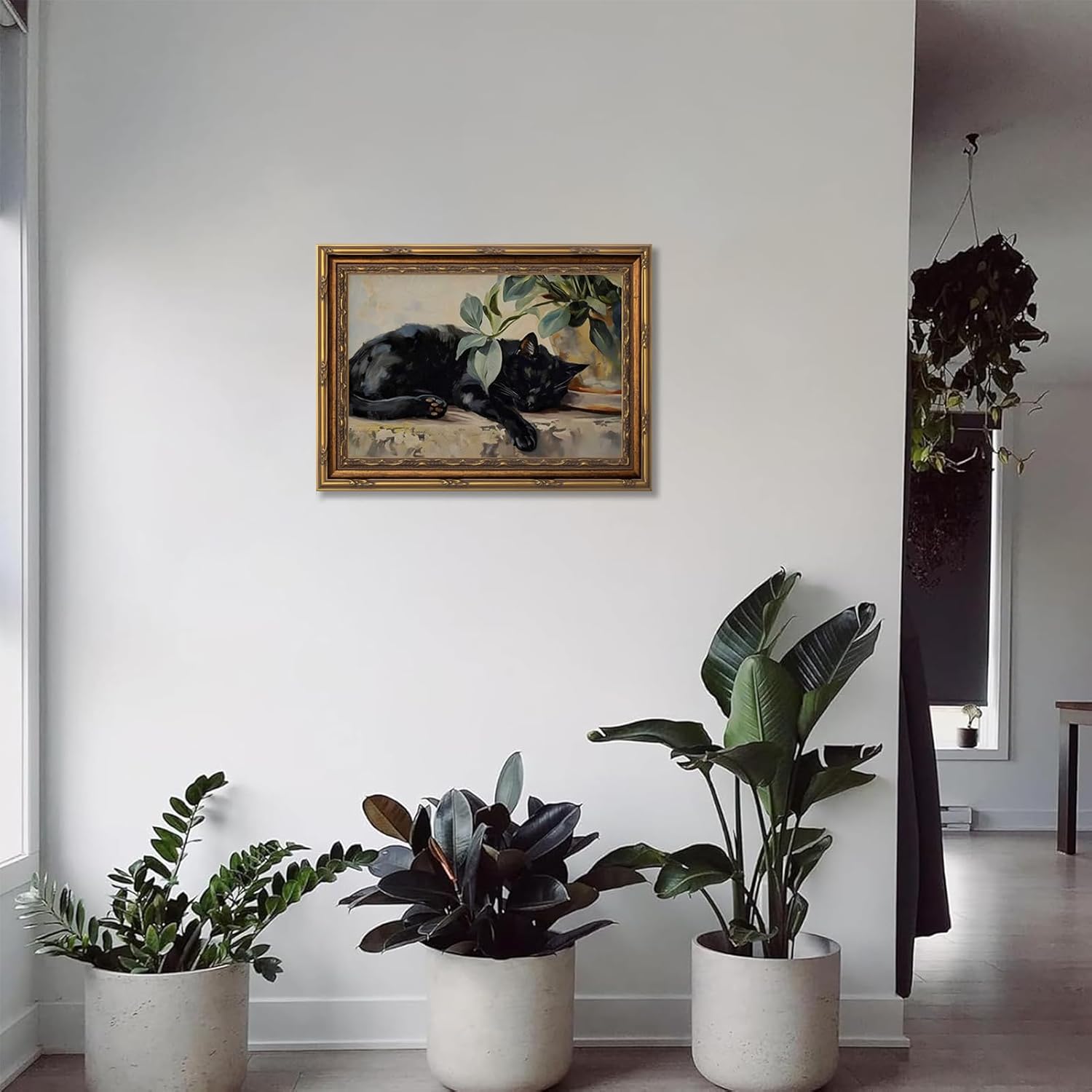 Kabcod Gold Framed Black Cat Canvas Wall Art, Vintage Sleeping Cat with Plant Picture Wall Decor Paintings, Cute Animal Poster Prints Rustic Aesthetic Decor for Living room Bedroom Bathroom 12x16 inch