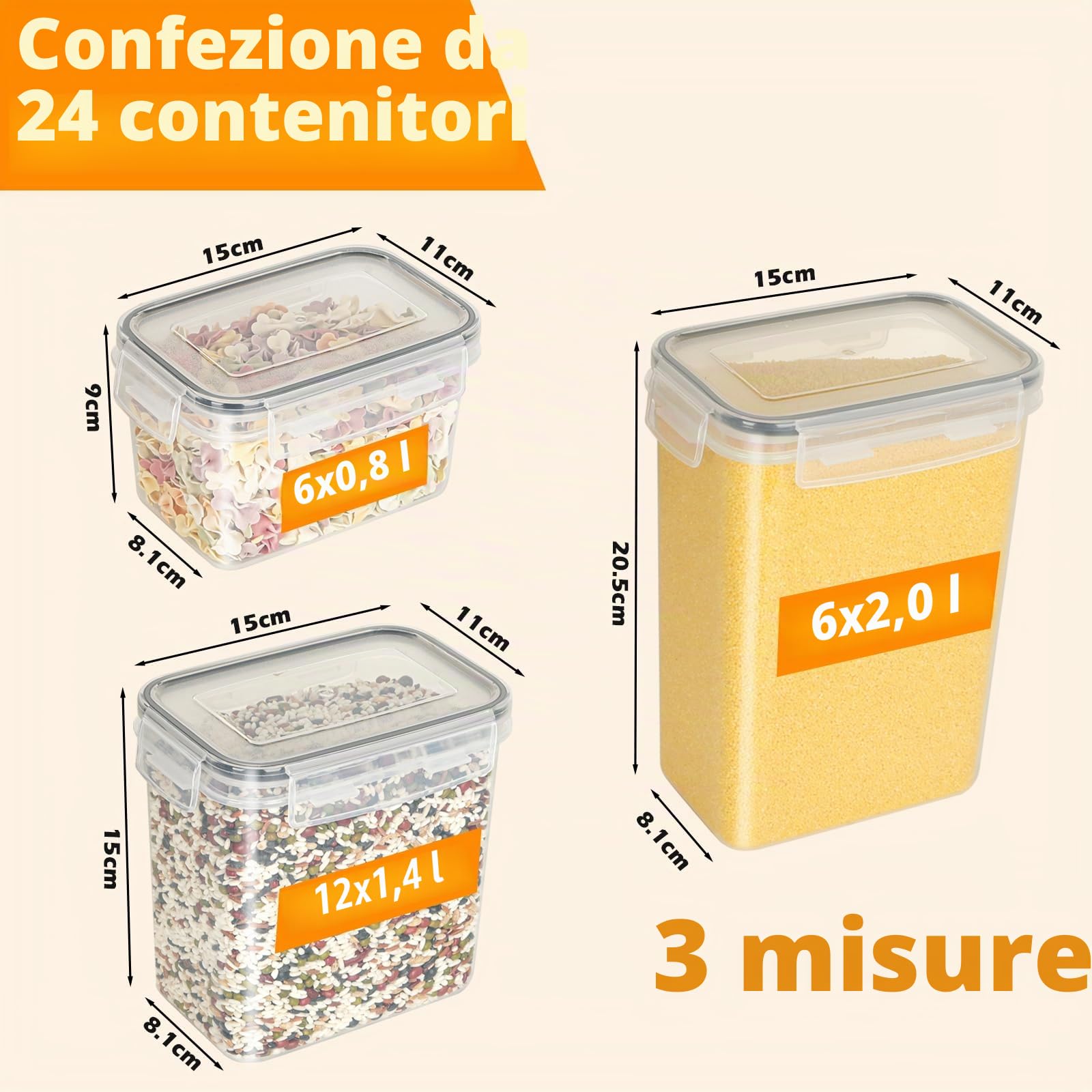 Withosent Set di 24 scatole di conservazione con coperchio - Scatola ermetica in plastica - Scatola per cereali (2 l, 1,4 l, 0,8 l)