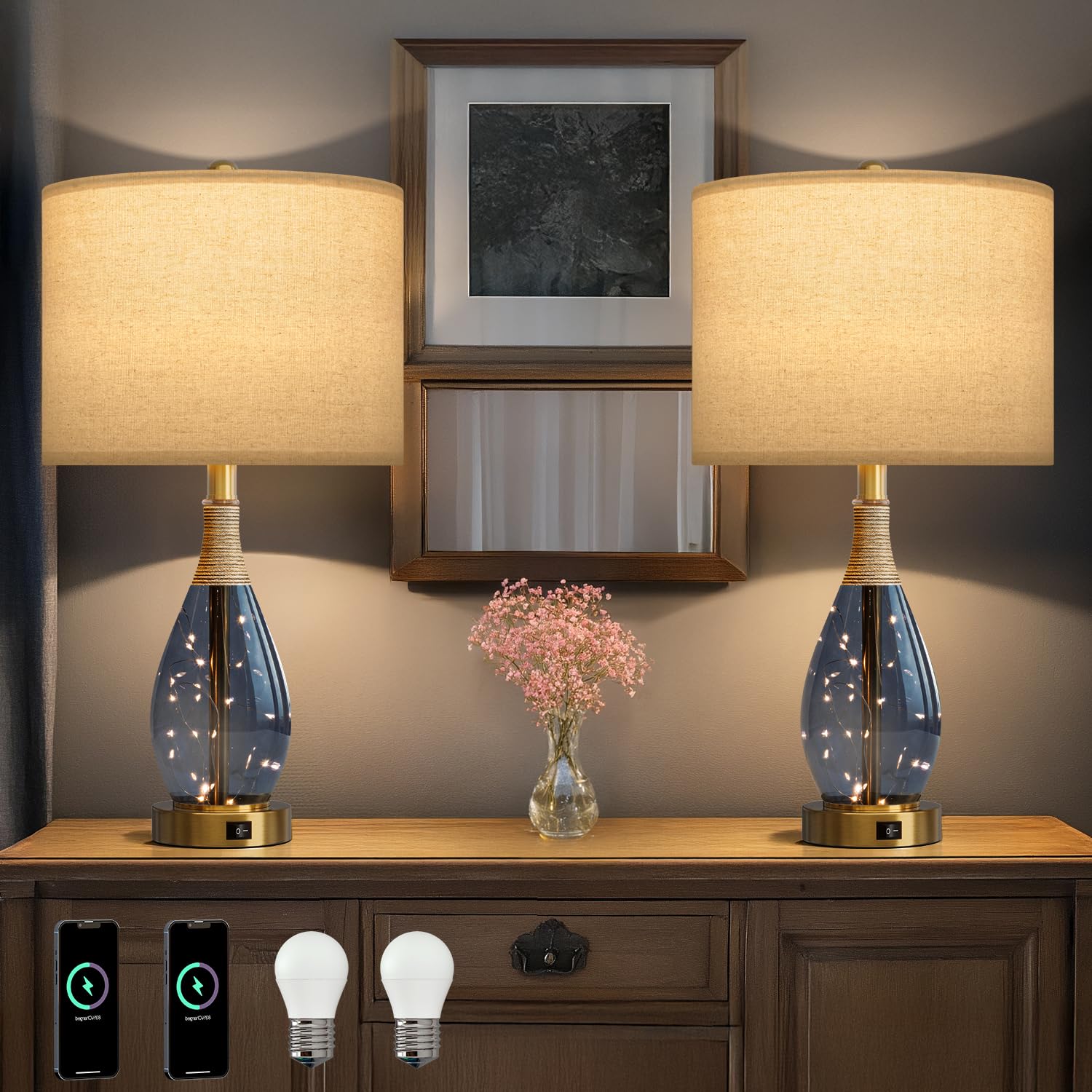 oyears 23" table lamps for living room set of 2 bedside lamps for night stands bedroom lamps farmhouse rattan boho lamp glass nightlight end table lamp with usb c+a (blue),two light points