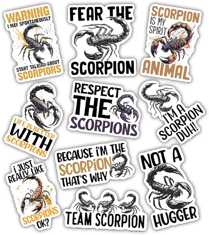 10pcs Scorpion Sticker Sheet, Cute Vinyl Decals for Scorpion Lovers, Nature Fans, Waterproof, UV-Resistant, for Laptop, Water Bottle, Notebook, Journal, Phone Case, Scrapbook