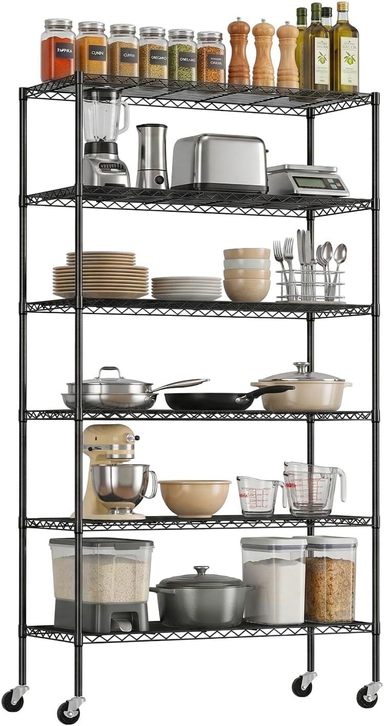 PayLessHere | 6-Tier Wire Shelf with Wheels | 45"x18"x82" | Black | Adjustable Racks | Heavy-Duty Storage Shelves, Holds Upto 510 lbs | Rust-Resistant, No-Tool Assembly | for Home, Garage Shelving
