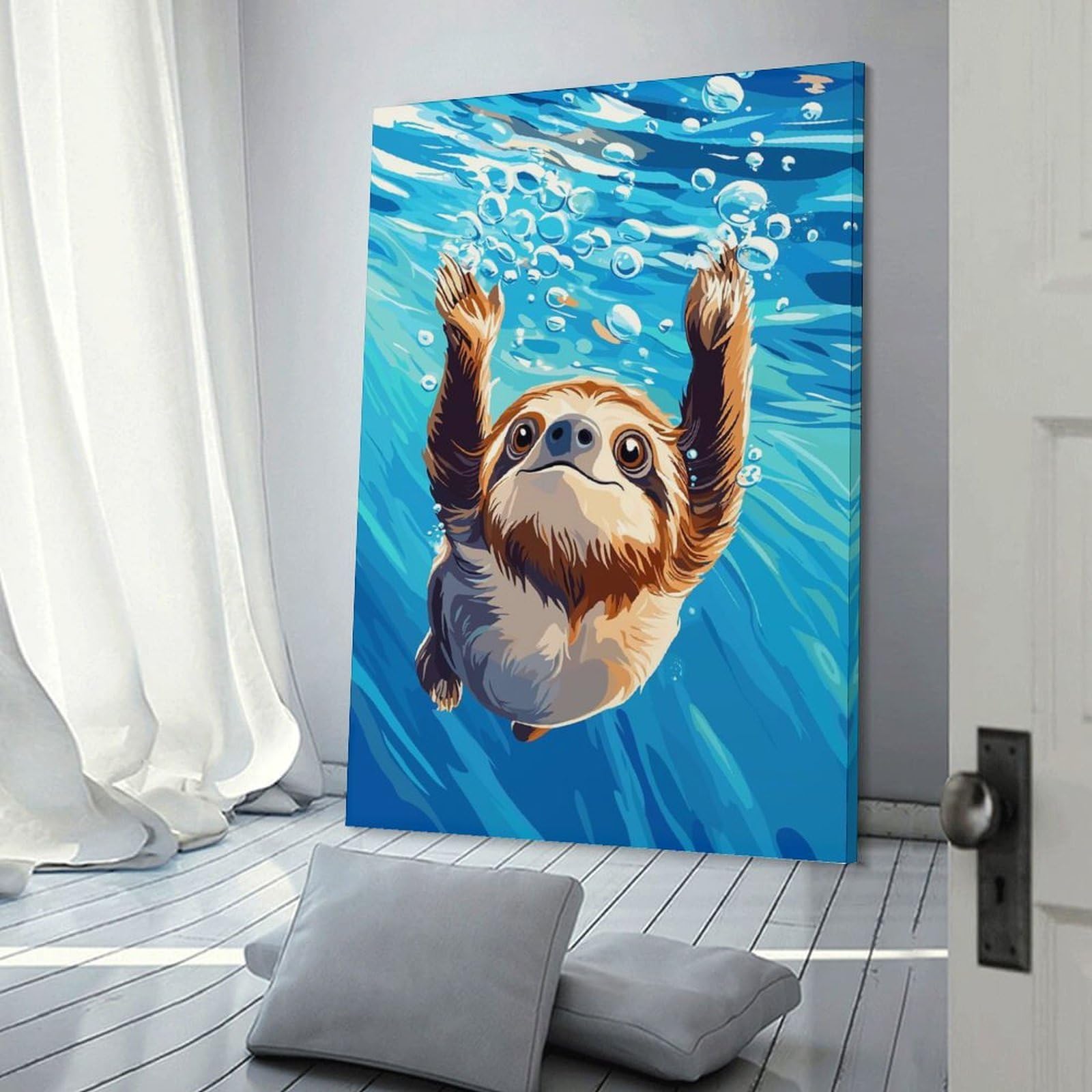 Junmoney Frame-Style-11 Home Decor Wall Art Sloth Swimming Underwater, 20X30inch(50X75cm), For Bedroom Decor, Cosy Corners Or Studios, Decorative Wall Art For Cosy Rooms