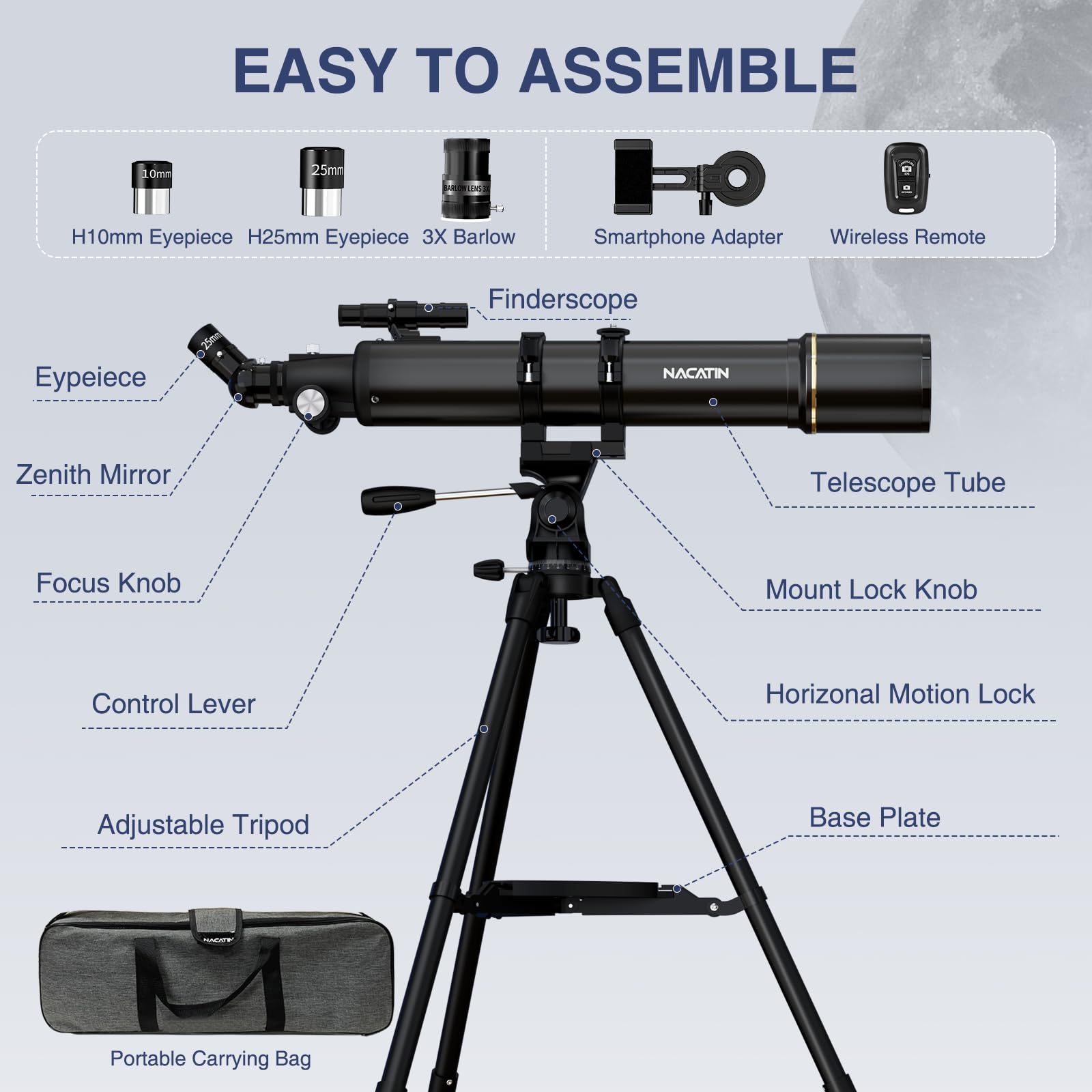 Teleskop astronomiczny dla dorosłych i początkujących – otwór 90 mm, refraktor 800 mm, z powiększeniem 32X-240X, stabilny żelazny statyw, adapter do smartfona i plecak – na księżyc, planety i gwiazdy