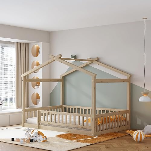 House Bed Full Size Floor Bed with Fence Railings, Wooden Montessori Style Bed Frame for Kids, Fun Playhouse Beds for Girls Boys, Natural