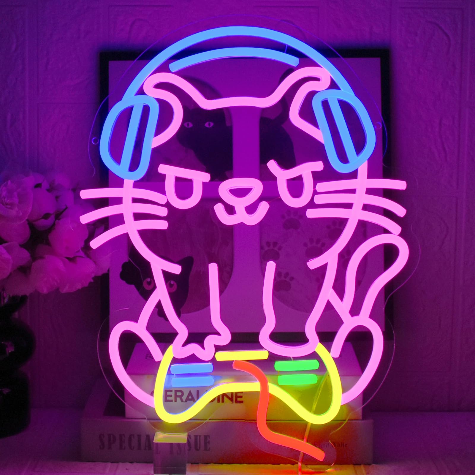UExnkj-Y Gaming Cat Neon Sign LED Game Neon Light Cat Game Light Advertising USB Dimmable Gamer Neon Signs for Bedroom, Playroom, Cat Lovers and Teenage Gamers