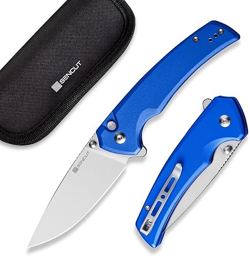 SENCUT Navaja de bolsillo con bloqueo de botón para EDC, Serene, cuchillo plegable, espárrago y abridor de aletas, mango de aluminio con hoja D2