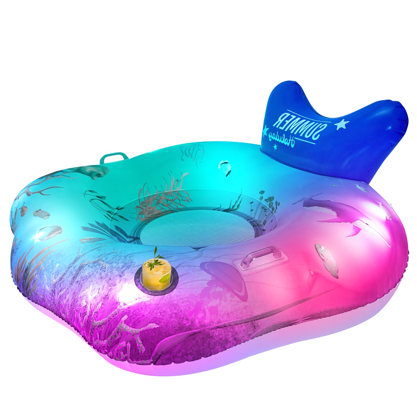Large Light-up Inflatable Pool Float for Adults and Kids, Water Lounger Chair with 2 Cupholder & Headrest, Extra Thick Pool Raft Hammock with App Control LED Light for Swimming Parties