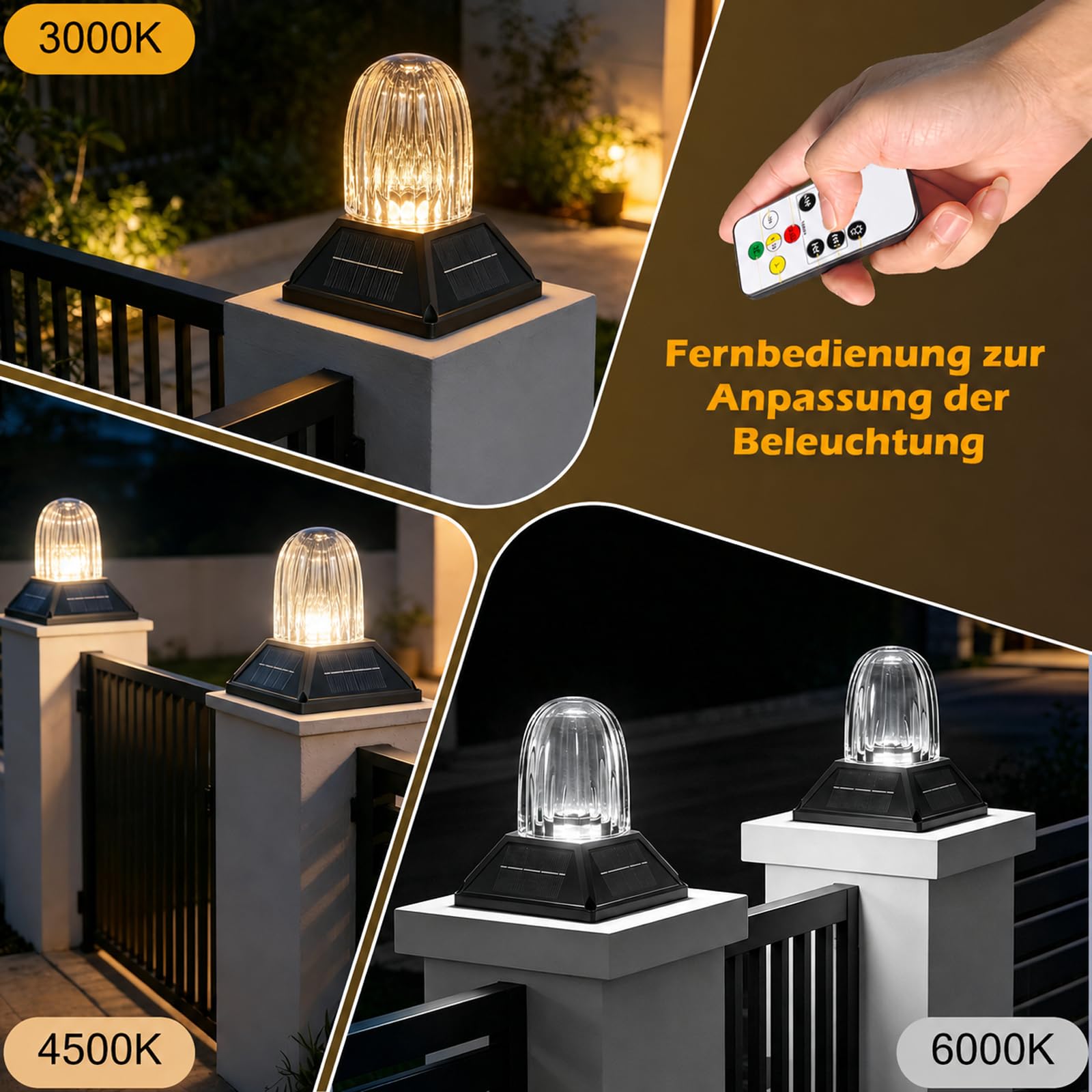 Sockelleuchte Außen, Solar Wegeleuchte für Garten mit Fernbedienung, Pollerleuchte für Terrasse, Patio, Gartenwege, 3000K/4000K/6000K ＆ 2 Helligkeitsstufen, 2400mAh, Schwarz
