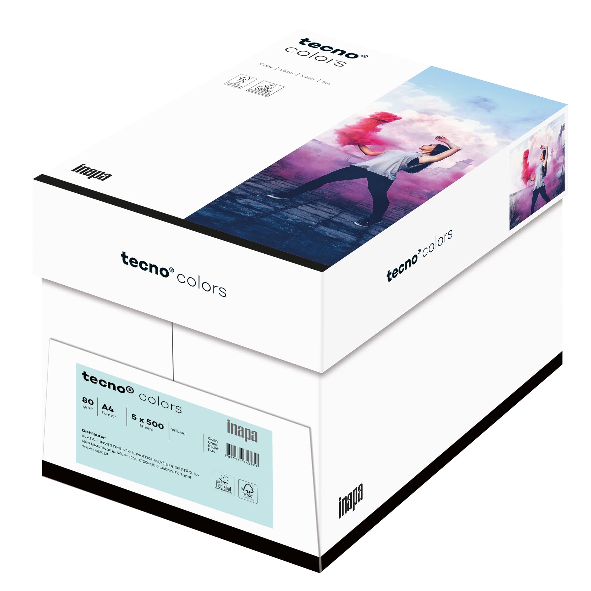 inapa farbiges Druckerpapier, buntes Papier tecno Colors: 80 g/m², A4, 2.500 Blatt (5x500), hellblau, 80g / m²