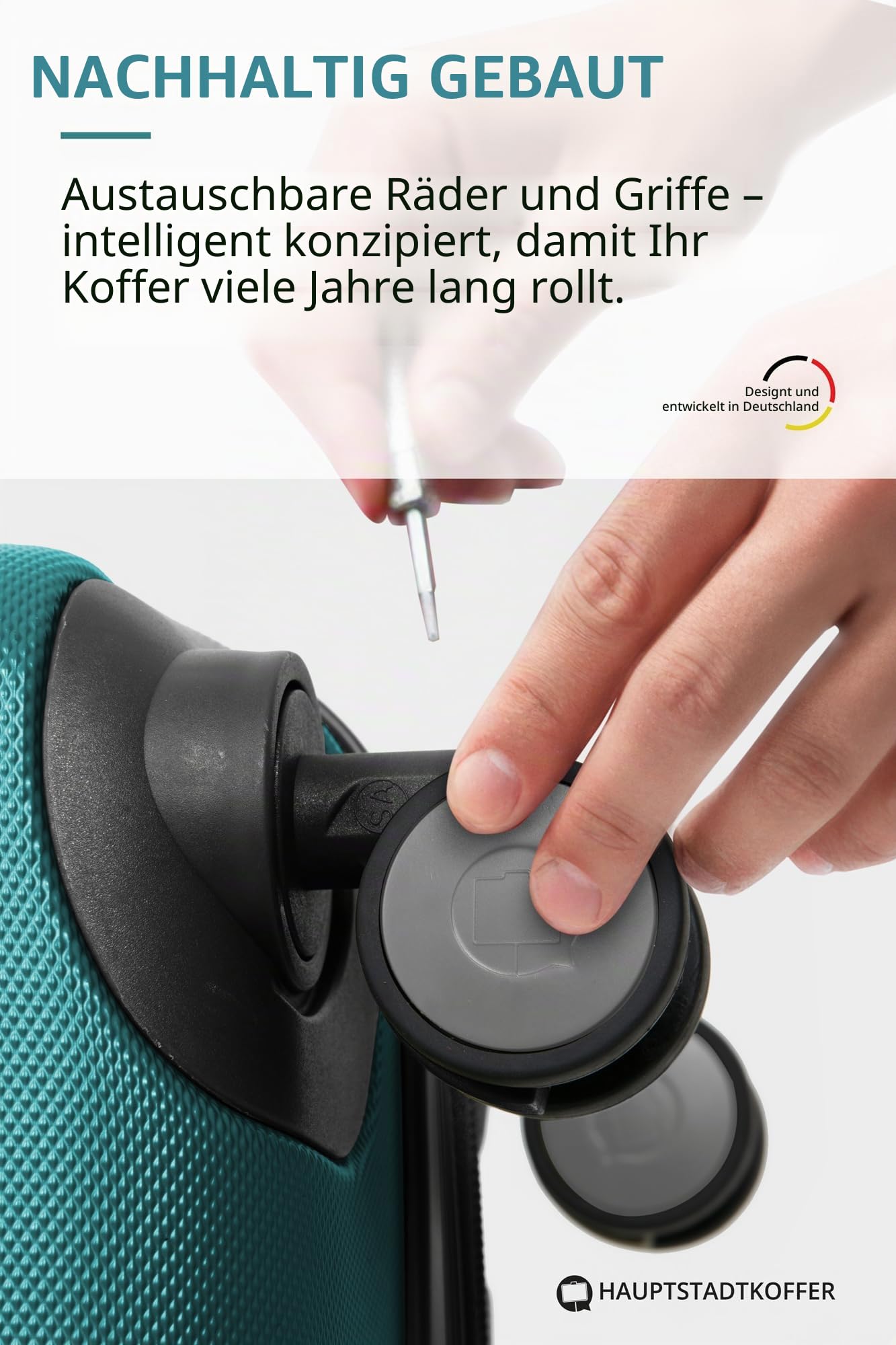 Hauptstadtkoffer Spree - Großer Hartschalen-Koffer + Digitaler Kofferanhänger, TSA, 4 Doppel-Rollen, Trolley, Rollkoffer, Reisekoffer, Volumenerweiterung, 75 cm, 119 Liter, Aquagrün